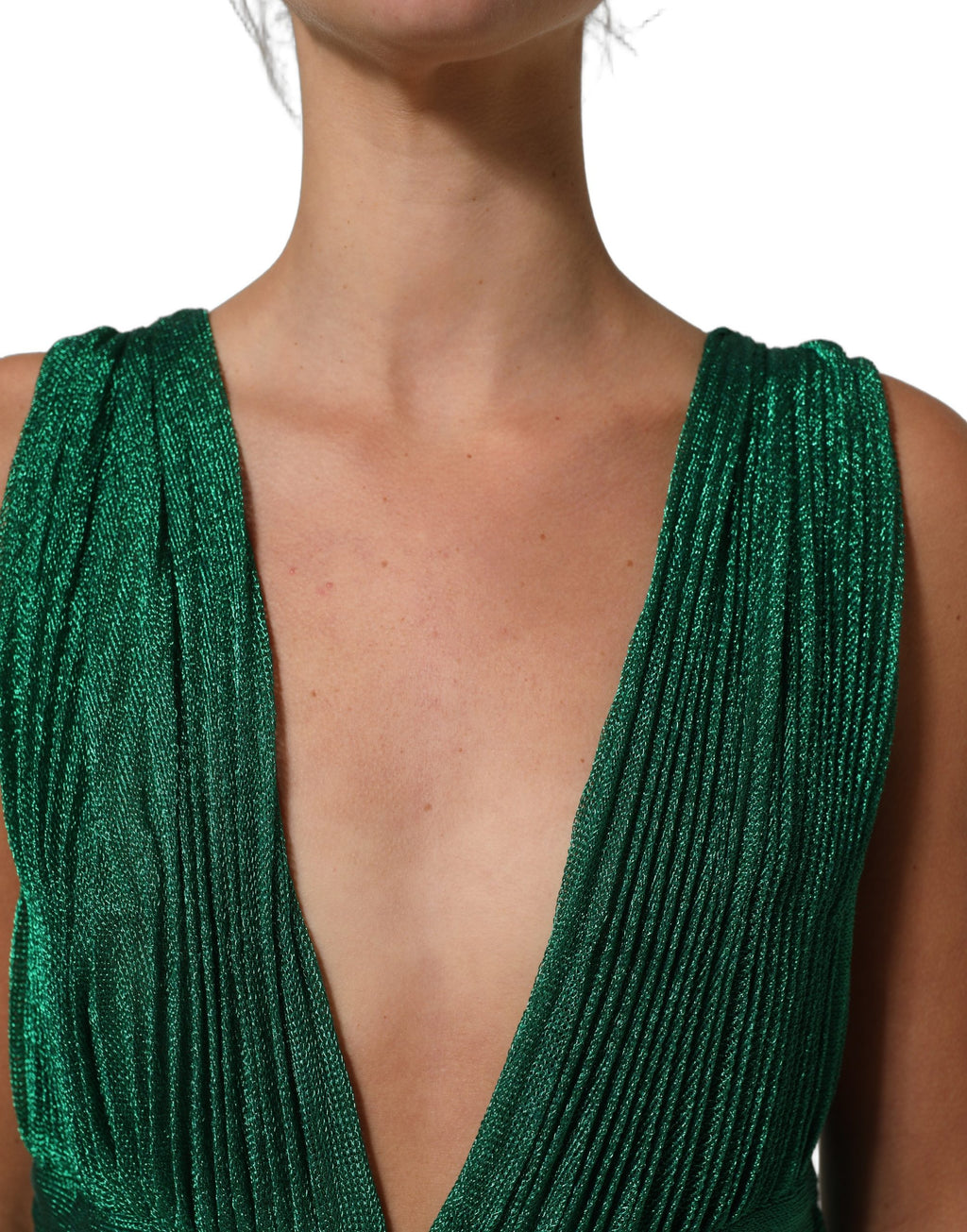 Dolce & Gabbana Metallicgrünes ärmelloses Plissee-Abendkleid