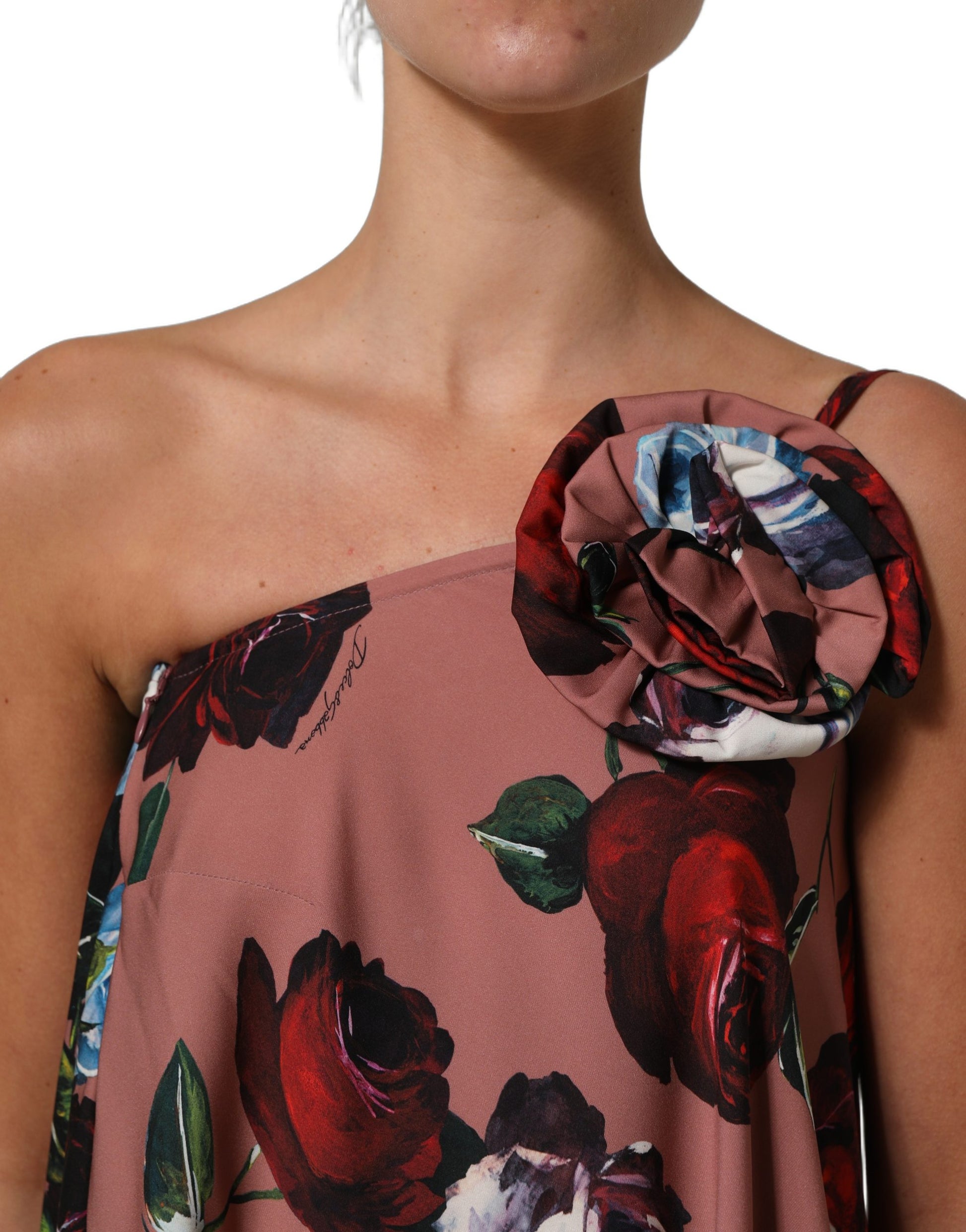 Dolce & Gabbana Dusty Pink Silk Floral OneShoulder Maxi Dress