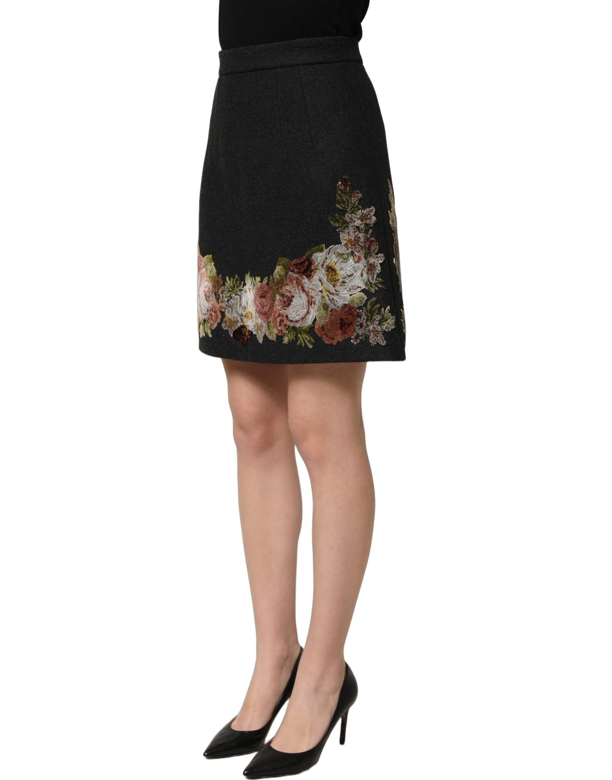 Dolce & Gabbana Black Floral Macramé High Waist A-line Skirt