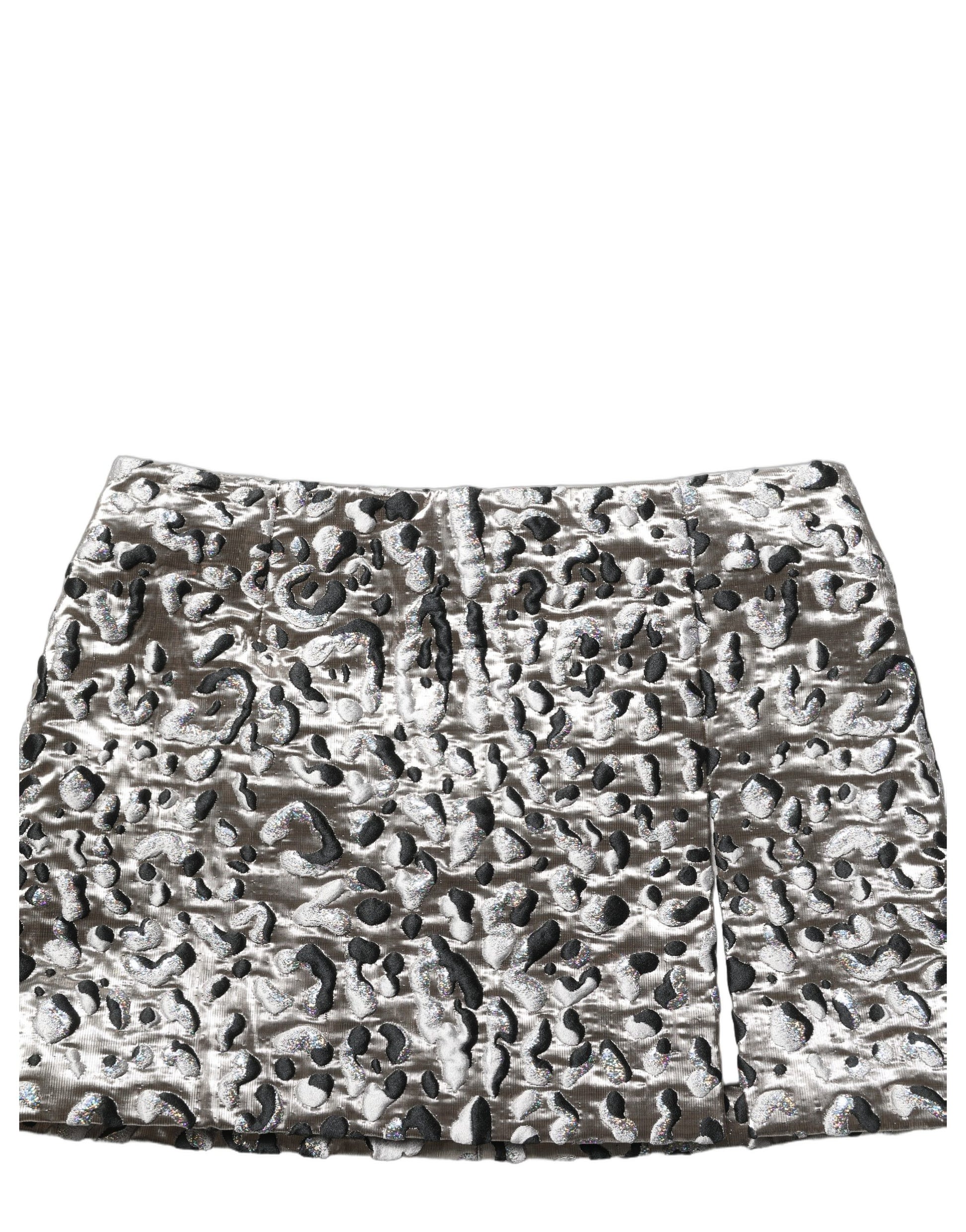Dolce & Gabbana Silver Leopard Jacquard Mid Waist Mini Skirt