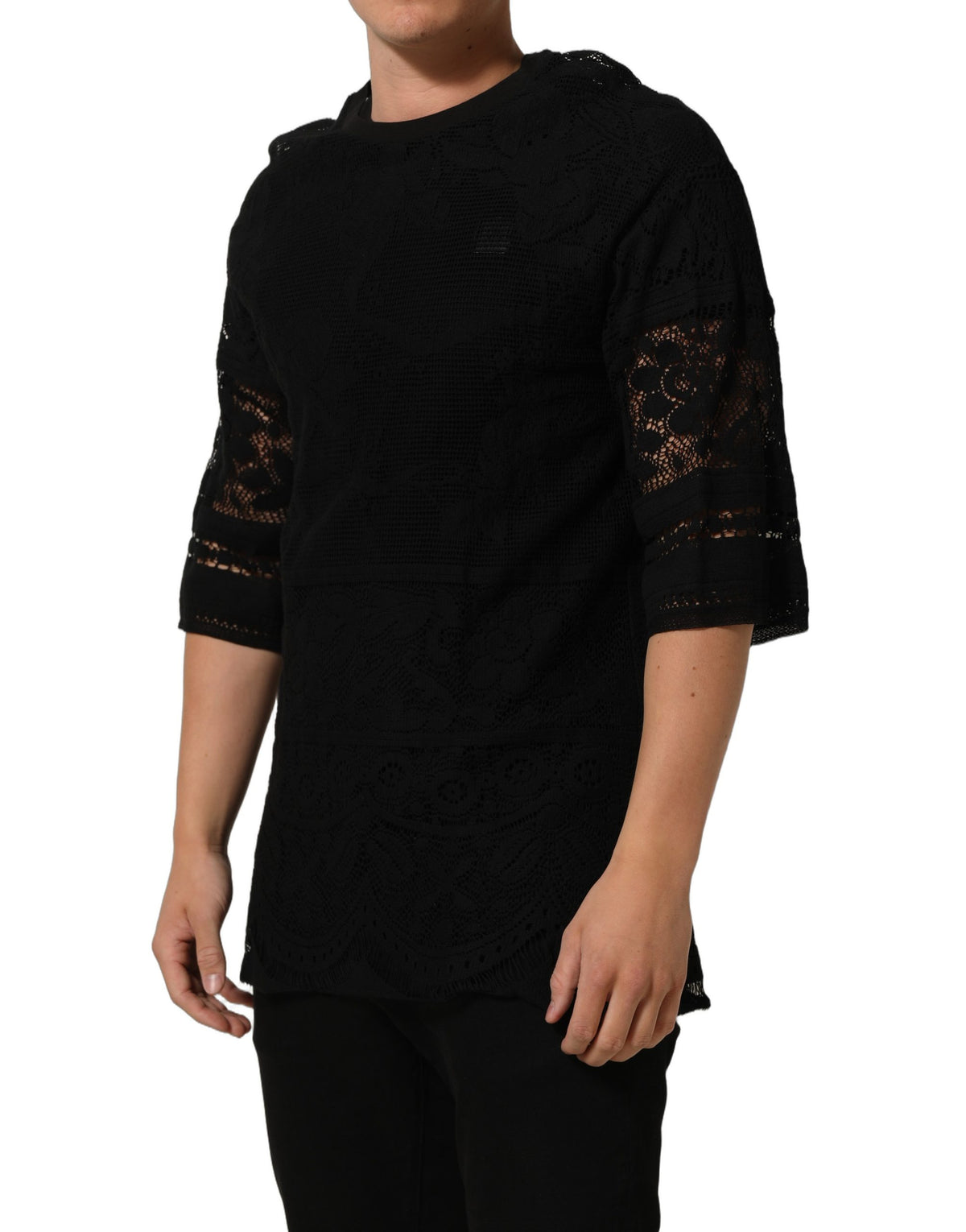 Dolce & Gabbana Schwarzes Baumwoll-T-Shirt mit Blumenstickerei und Rundhalsausschnitt