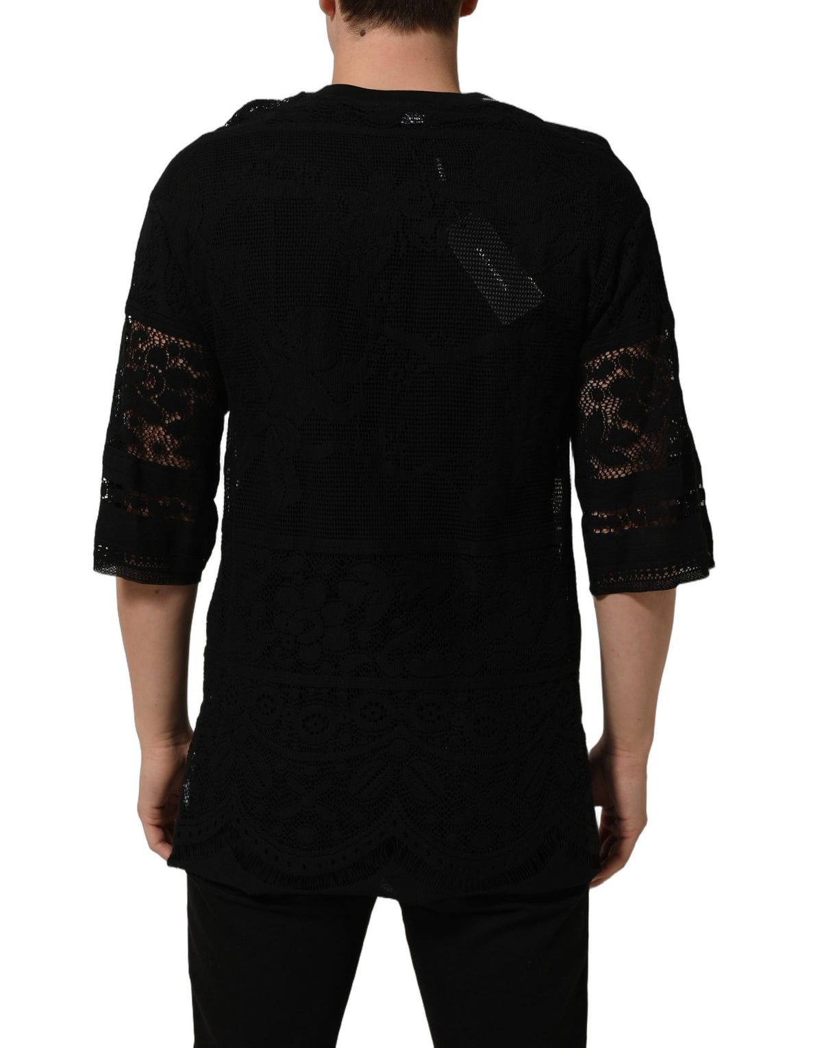 Dolce & Gabbana Schwarzes Baumwoll-T-Shirt mit Blumenstickerei und Rundhalsausschnitt
