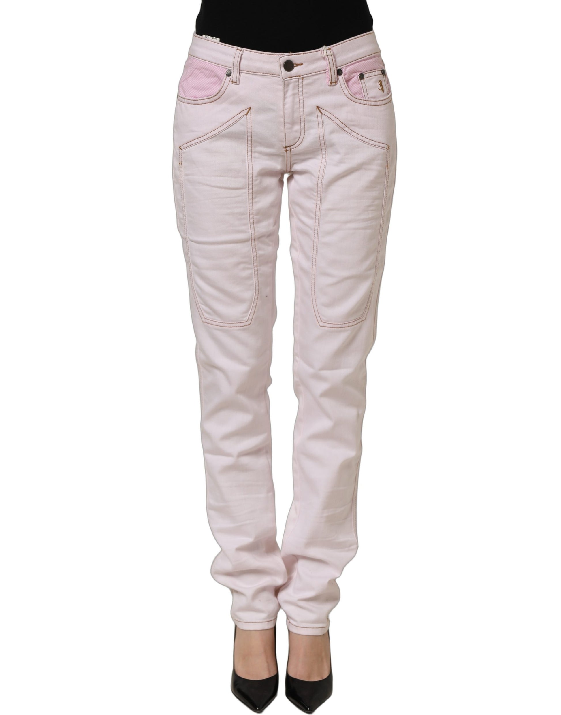 Jeckerson Light Pink Cotton Mid Waist Denim Trouser Jeans