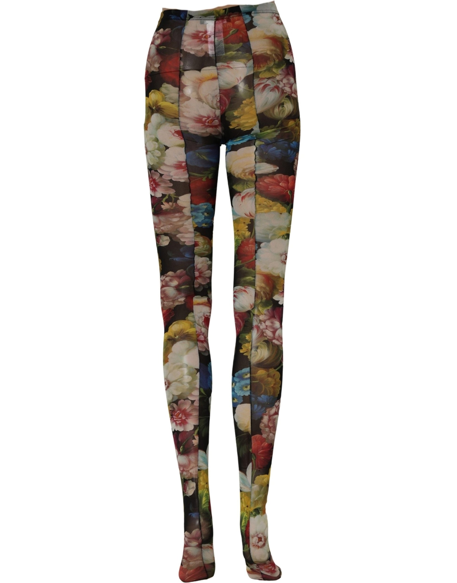 Dolce & Gabbana Black Floral Print Tights Sheer Stockings Socks