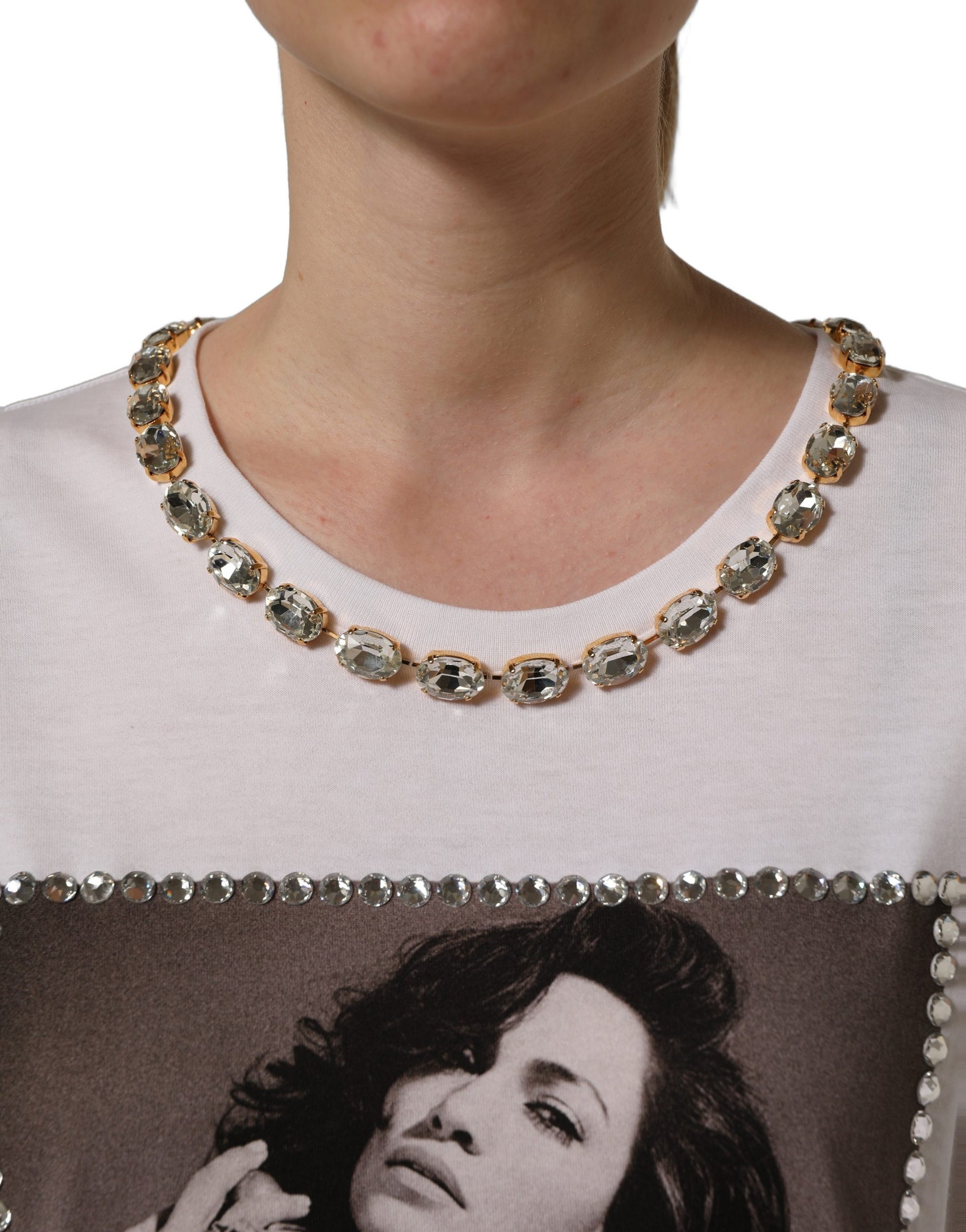 Dolce & Gabbana White Printed Jeweled Round Neck T-shirt