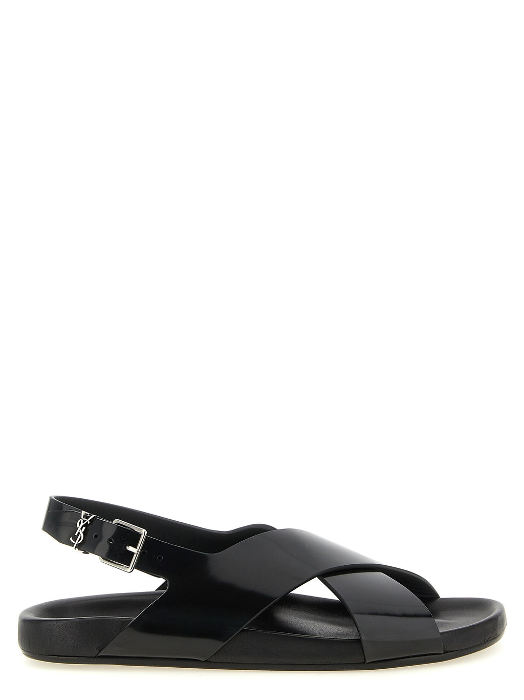 Saint Laurent Flache Sandalen aus schwarzem Kalbsleder