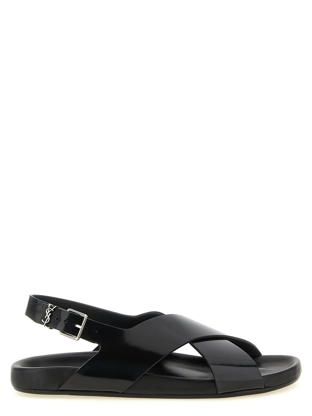 Saint Laurent Flache Sandalen aus schwarzem Kalbsleder