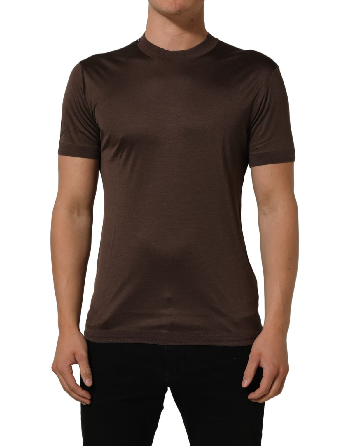 Dolce & Gabbana Braunes Seiden-Rundhals-T-Shirt mit kurzen Ärmeln