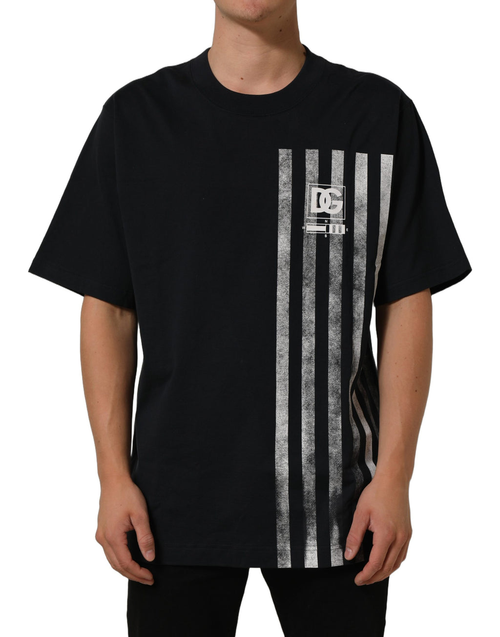 Dolce & Gabbana Baumwoll-T-Shirt mit blauem Streifendruck und Rundhalsausschnitt