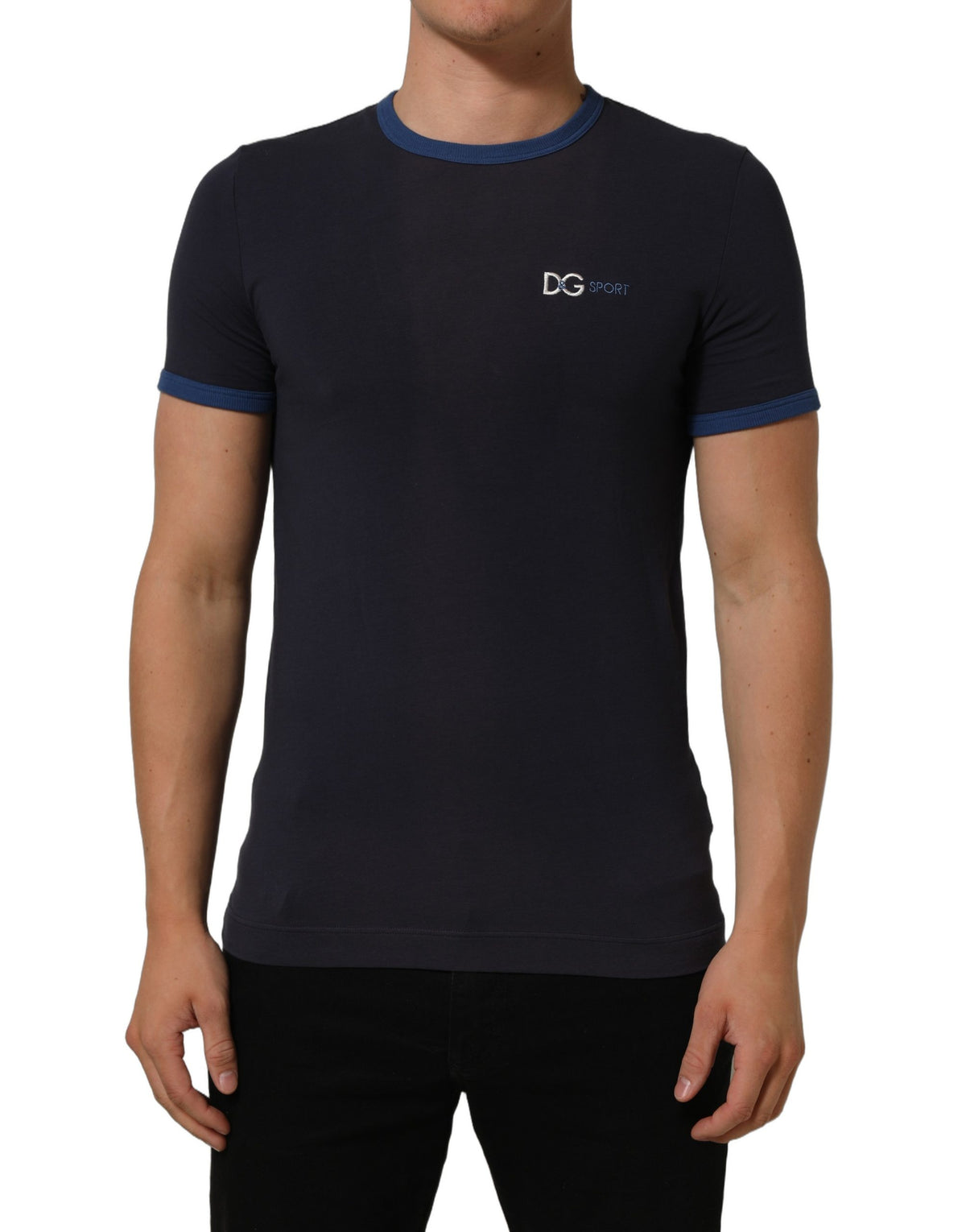 Dolce & Gabbana Rundhals-T-Shirt aus dunkelblauem Baumwoll-Stretch