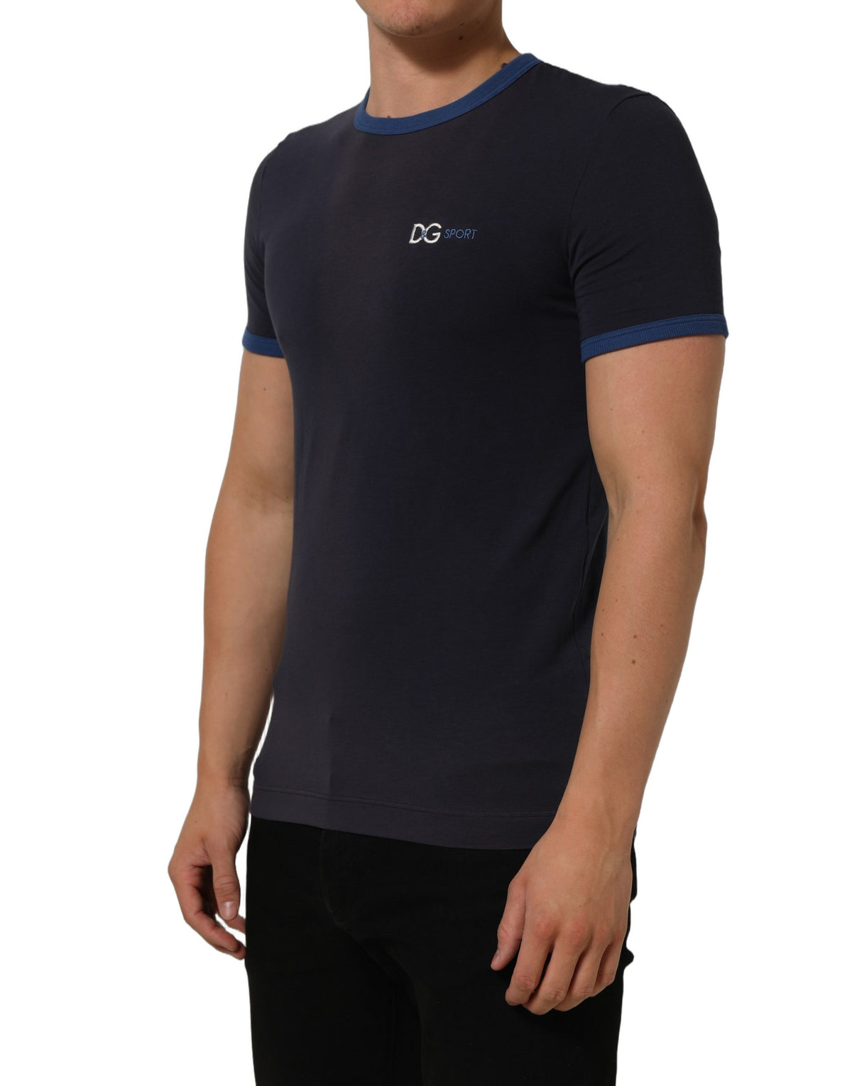 Dolce & Gabbana Rundhals-T-Shirt aus dunkelblauem Baumwoll-Stretch