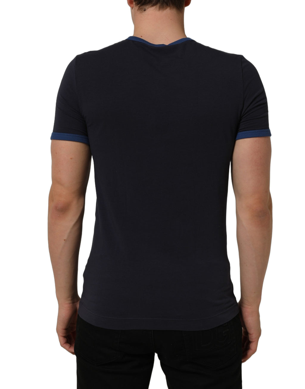 Dolce & Gabbana Rundhals-T-Shirt aus dunkelblauem Baumwoll-Stretch