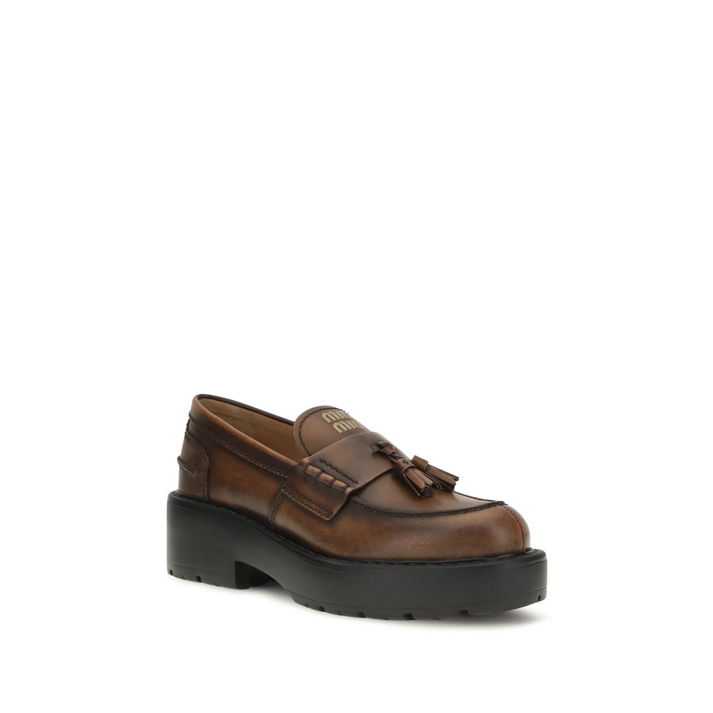Miu Miu Braune Kalbsleder Plateau-Loafer aus Bos Taurus