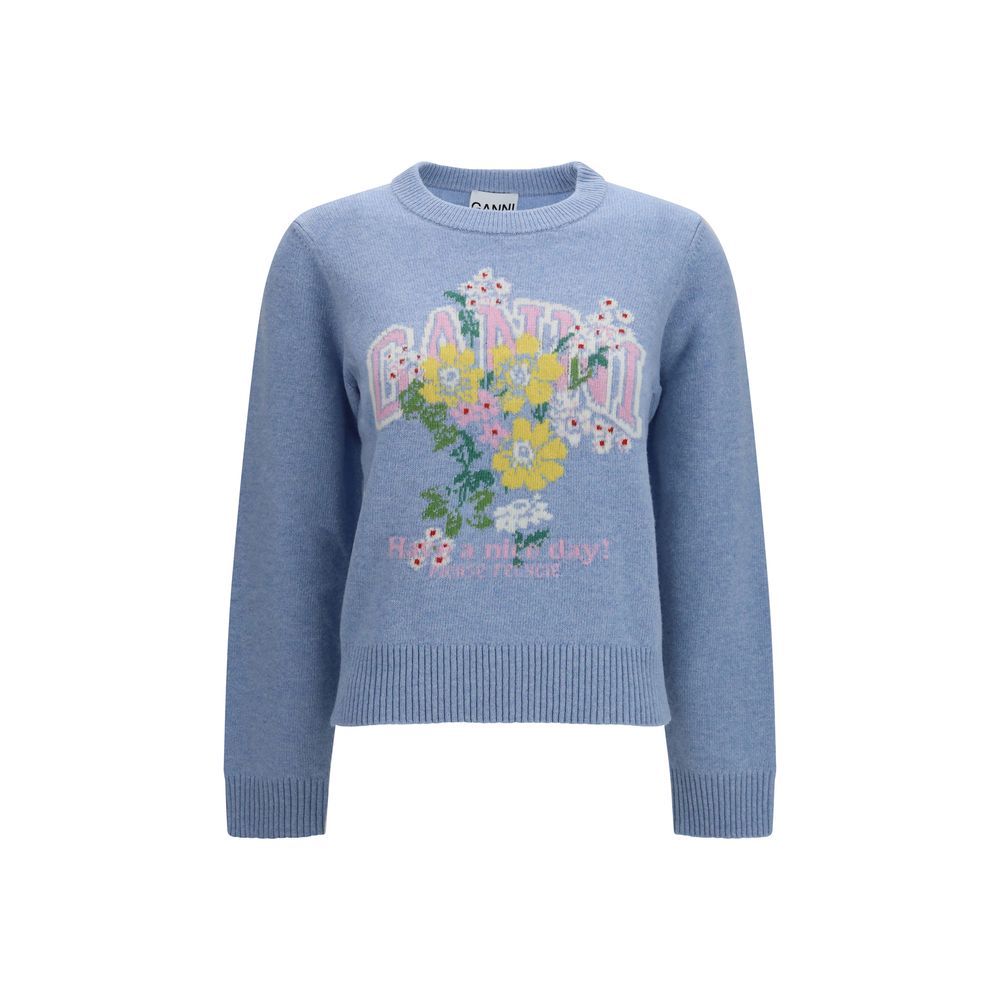 Ganni Blaues Woll-Oversize-Sweatshirt mit Widder-Motiv
