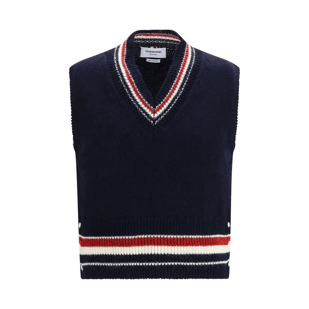 Thom Browne Blauer ärmelloser Pullover aus Wolle mit Widder-Motiv