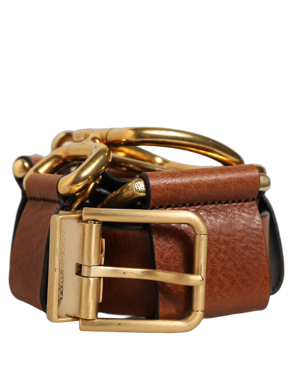 Dolce & Gabbana Brauner Ledergürtel mit Goldschnalle und Metallringen