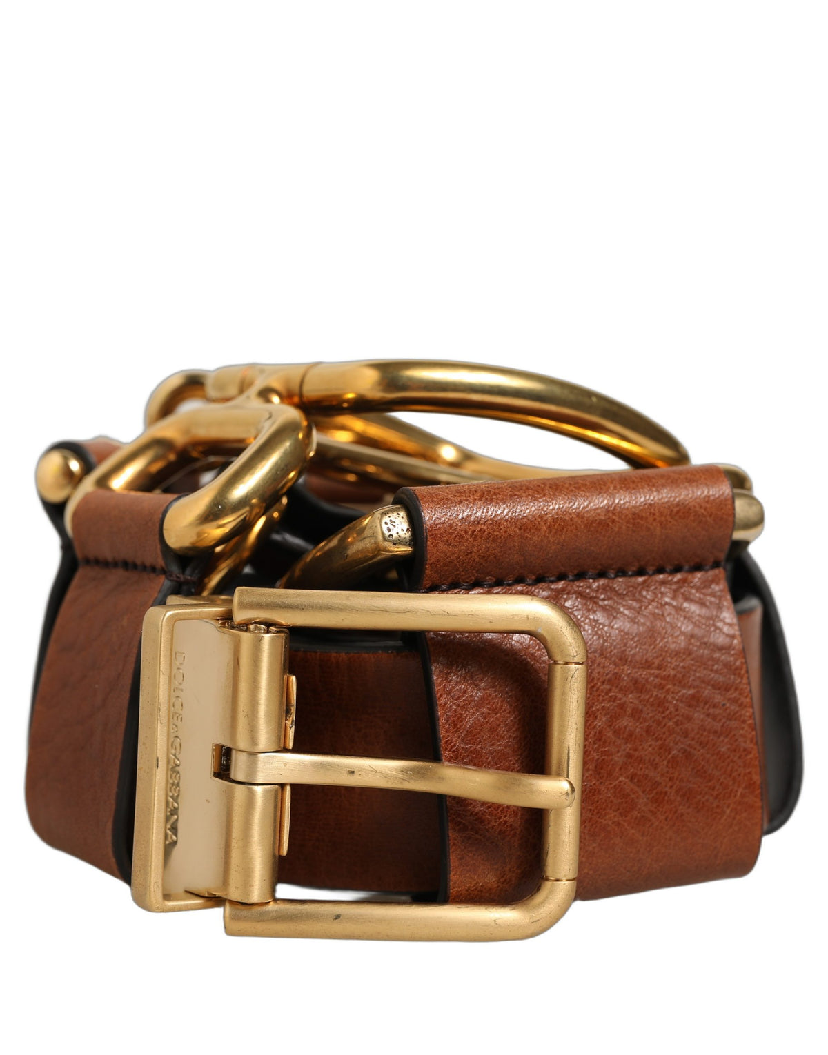 Dolce & Gabbana Brauner Ledergürtel mit Goldschnalle und Metallringen
