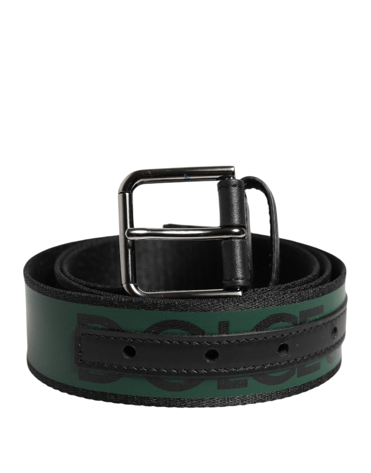 Dolce & Gabbana Black Green Logo Silver Tone Metal Buckle Belt