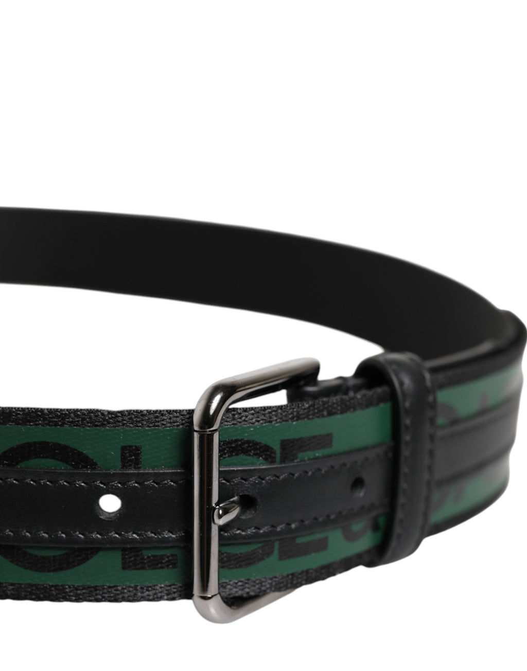 Dolce & Gabbana Black Green Logo Silver Tone Metal Buckle Belt