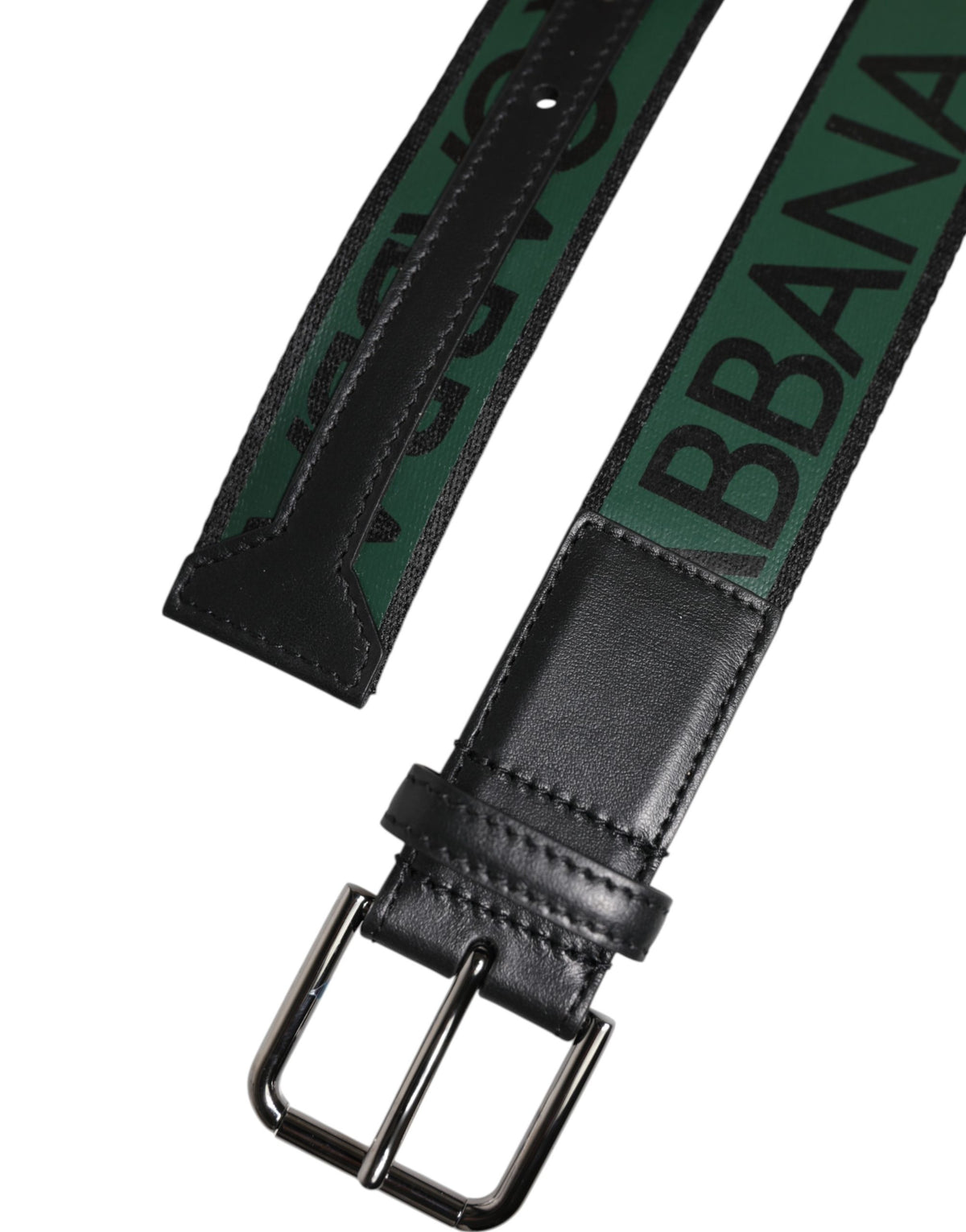 Dolce & Gabbana Black Green Logo Silver Tone Metal Buckle Belt