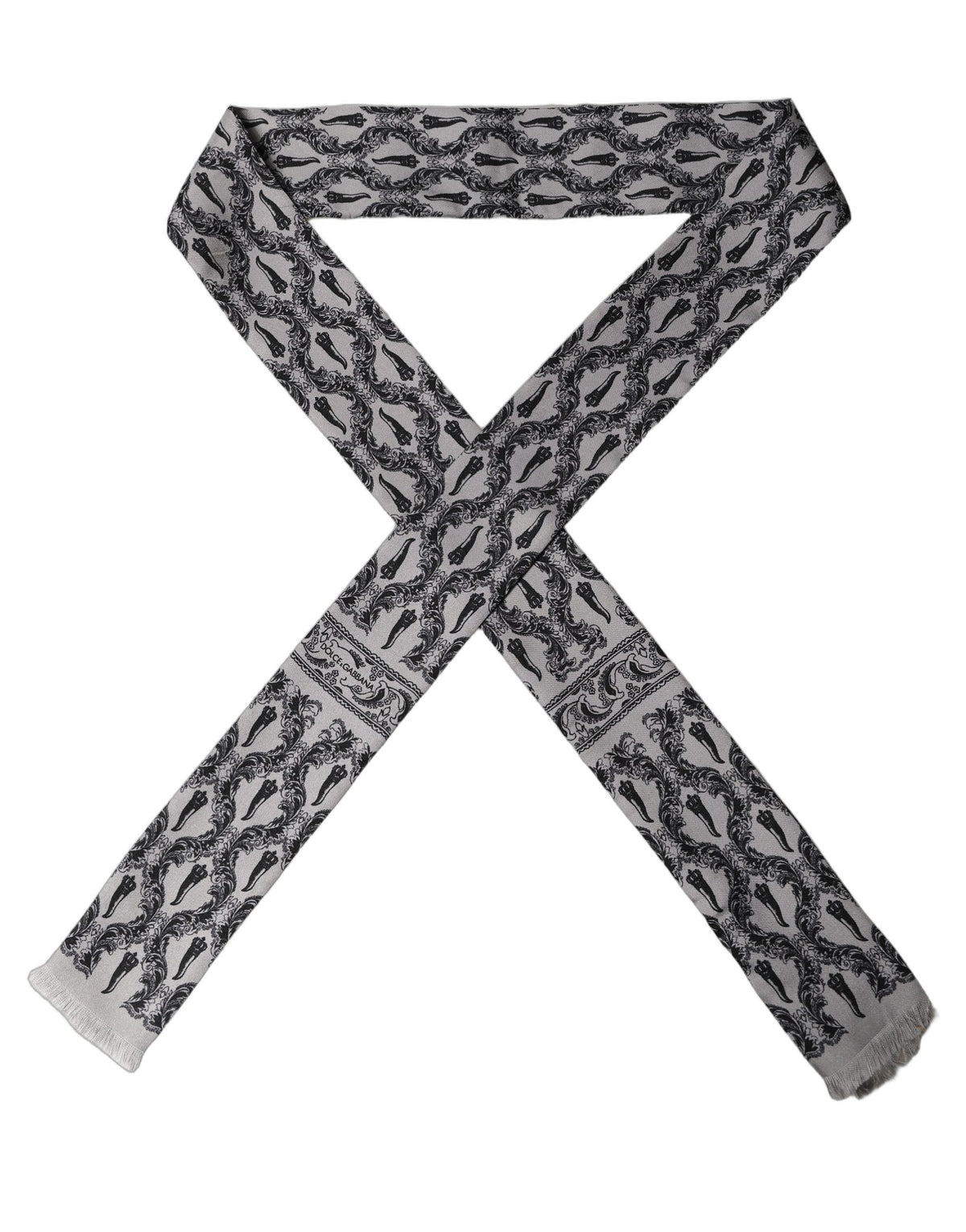 Dolce & Gabbana Grauer barocker schmaler Seiden-Foulard-Schal mit Fransen