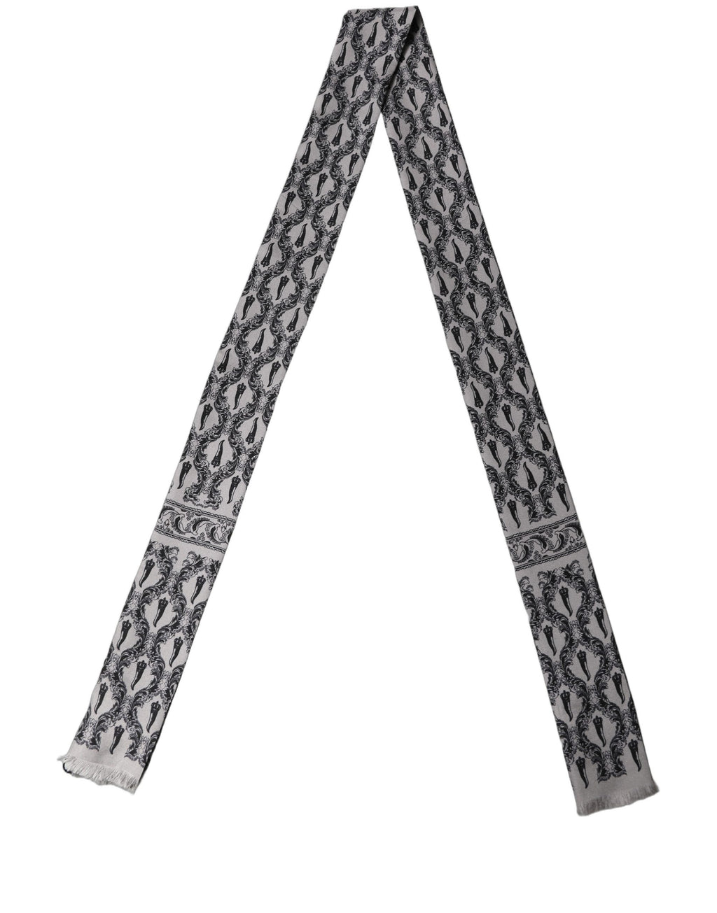 Dolce & Gabbana Grauer barocker schmaler Seiden-Foulard-Schal mit Fransen