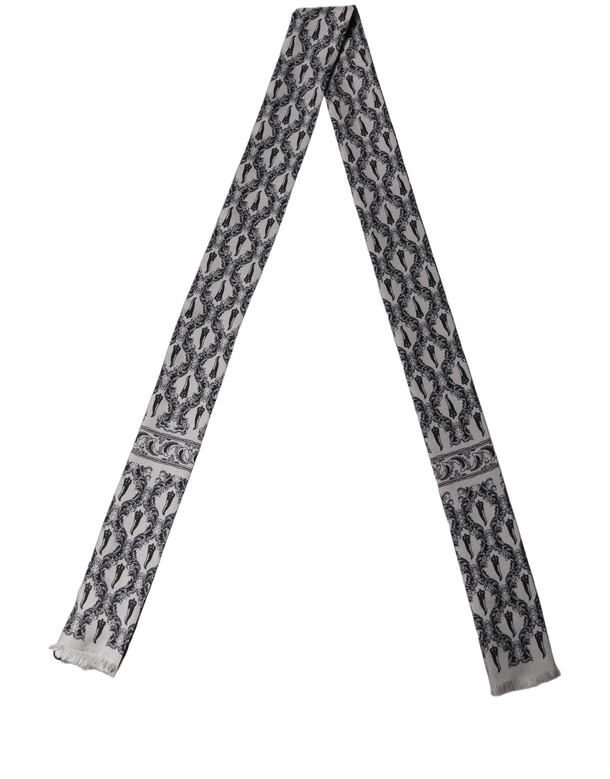 Dolce & Gabbana Grauer barocker schmaler Seiden-Foulard-Schal mit Fransen