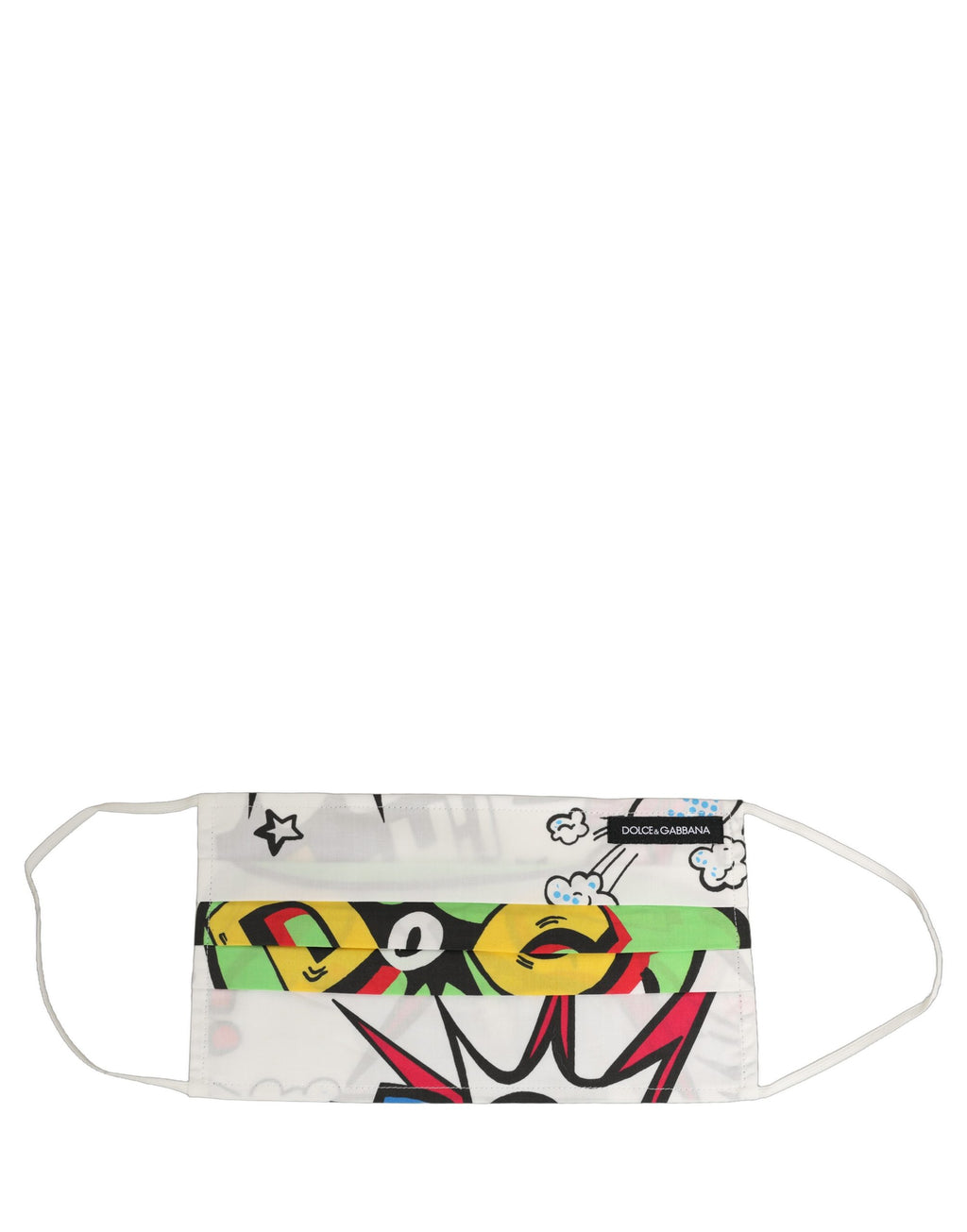 Dolce & Gabbana Weiße Gesichtsmaske mit Comic-Print, plissiert und mit elastischem Ohrband