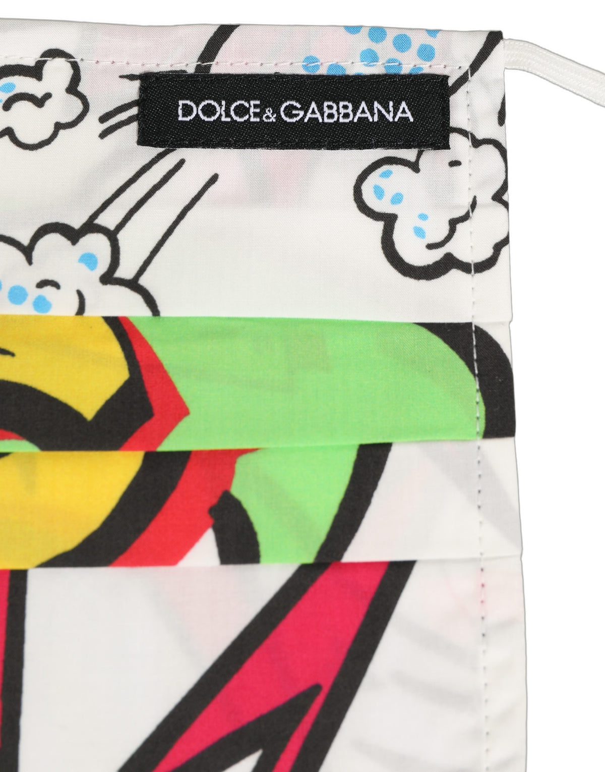 Dolce & Gabbana Weiße Gesichtsmaske mit Comic-Print, plissiert und mit elastischem Ohrband