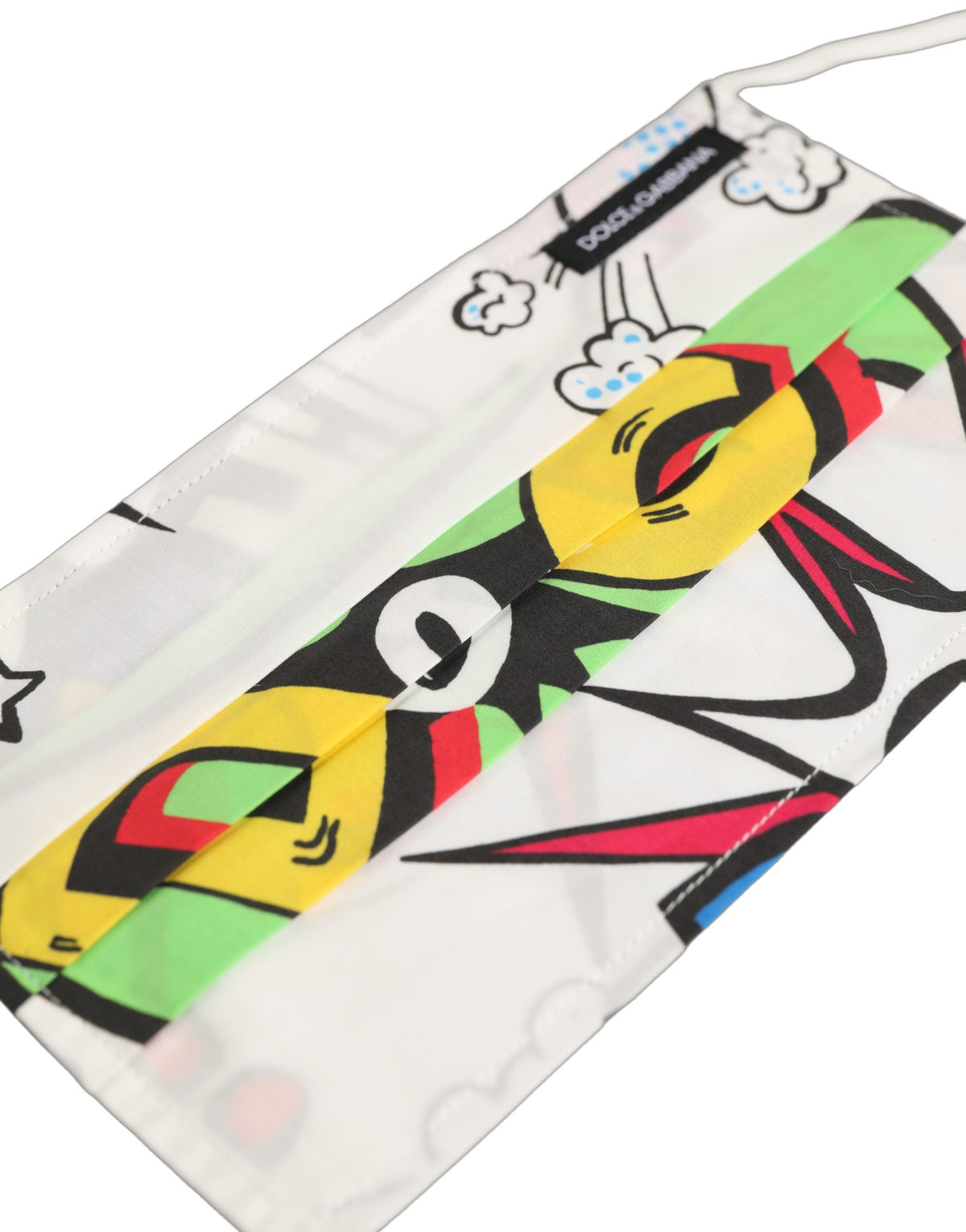 Dolce & Gabbana Weiße Gesichtsmaske mit Comic-Print, plissiert und mit elastischem Ohrband