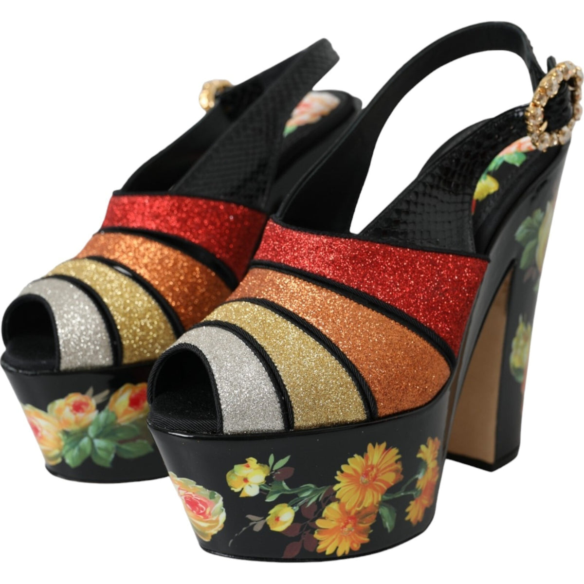 Dolce & Gabbana Plateau-Sandalen mit mehrfarbigem Blumenmuster und Kristallsteinen