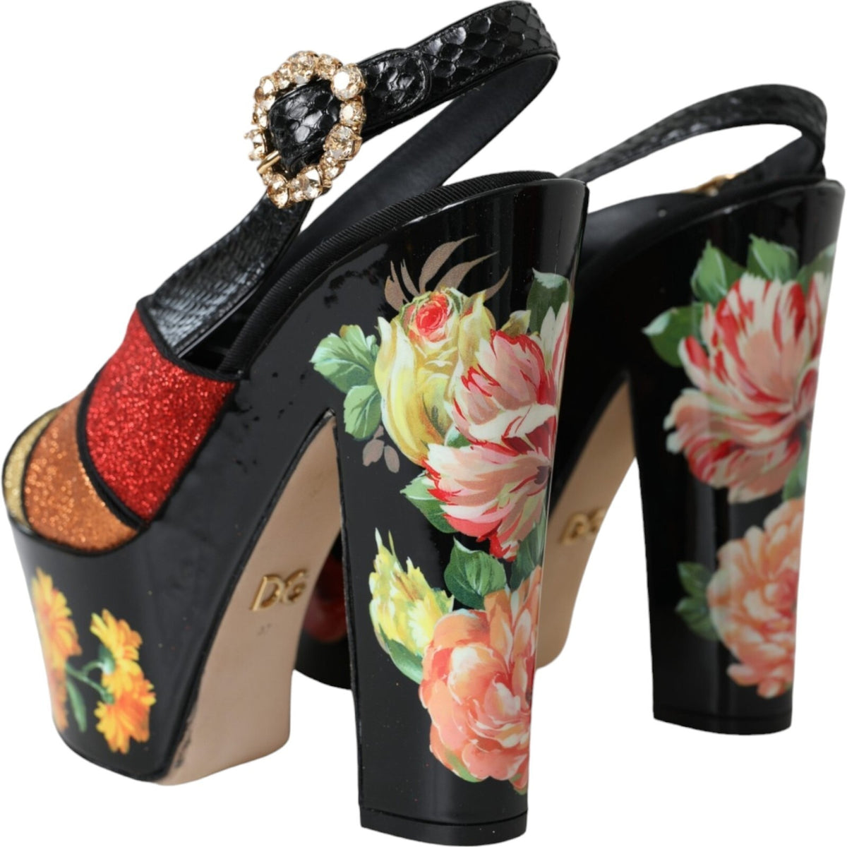 Dolce & Gabbana Plateau-Sandalen mit mehrfarbigem Blumenmuster und Kristallsteinen