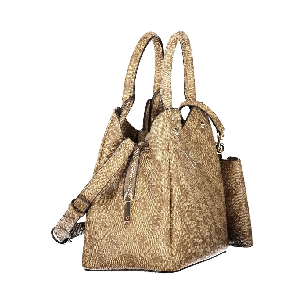 Guess Jeans Damenhandtasche aus beigem Polyurethan mit abnehmbarem Riemen und Fächern