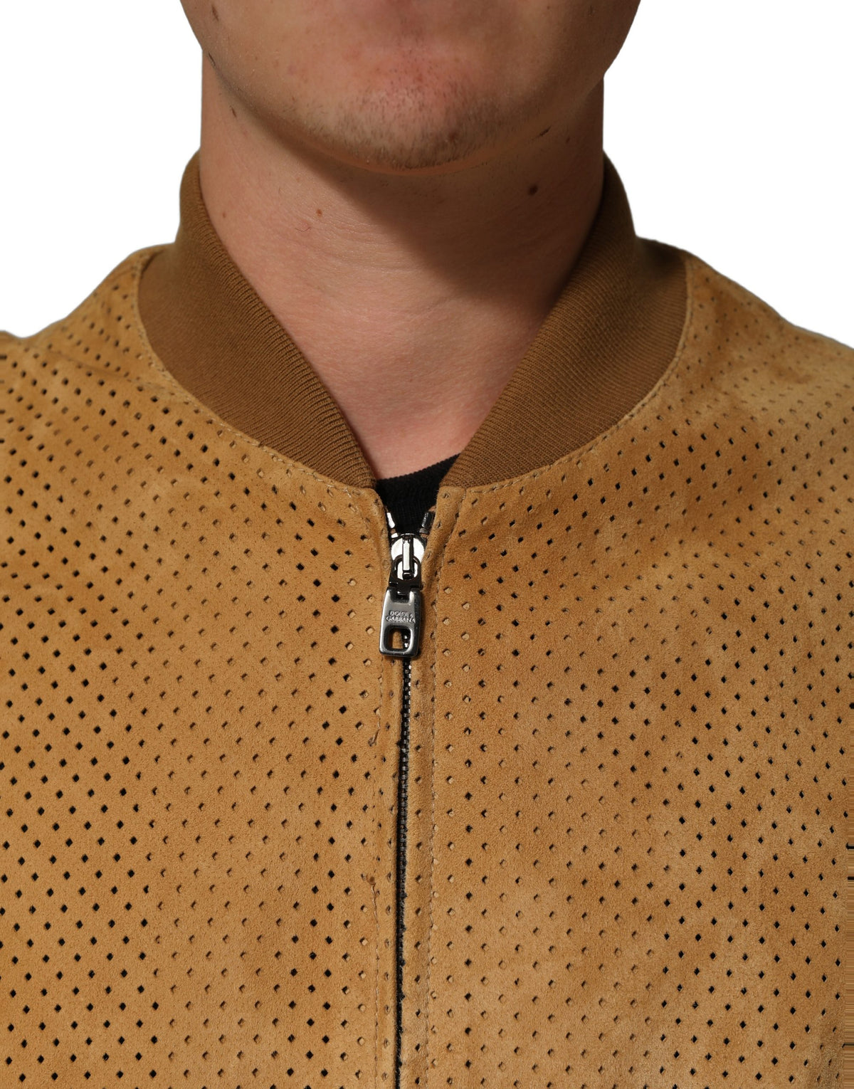 Dolce & Gabbana Beige Leather Perforated Full Zip Men Jacket