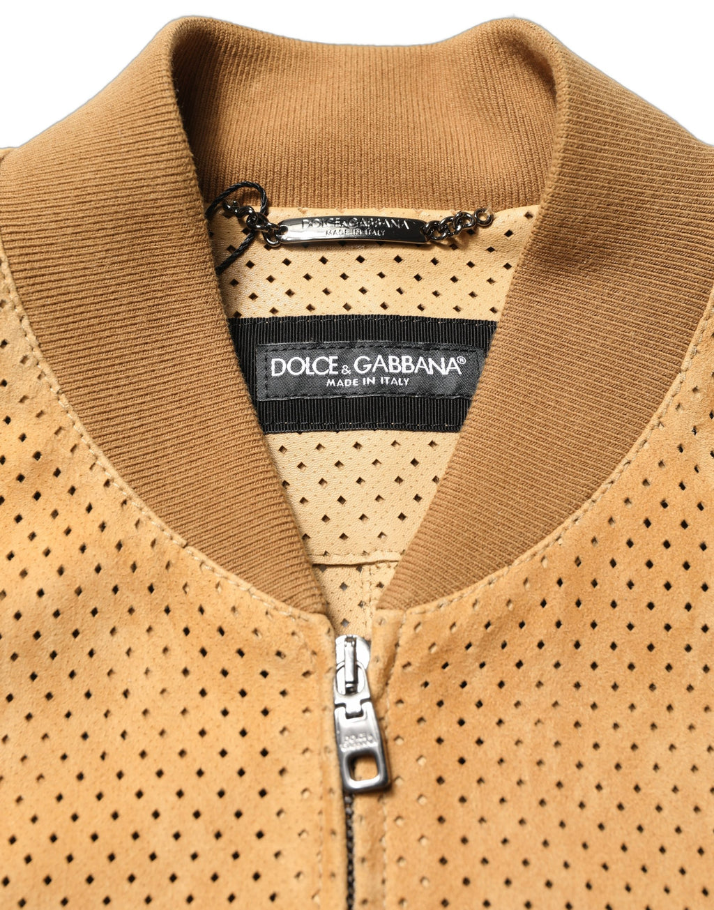 Dolce & Gabbana Beige Leather Perforated Full Zip Men Jacket