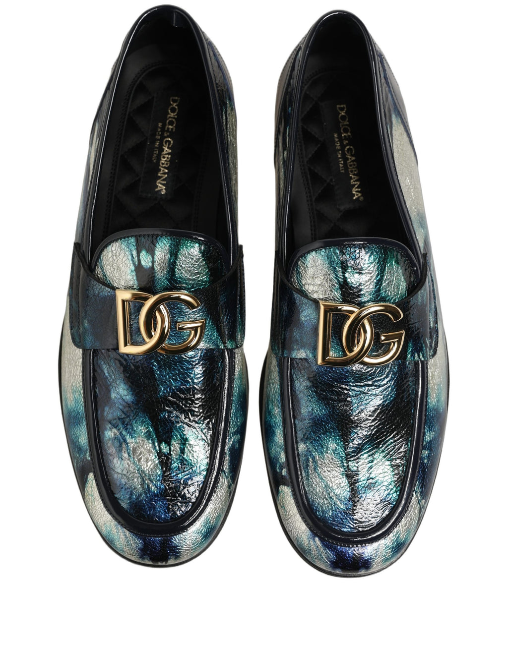 Dolce & Gabbana Metallic Blue Silver Leather DG Loafers Shoes