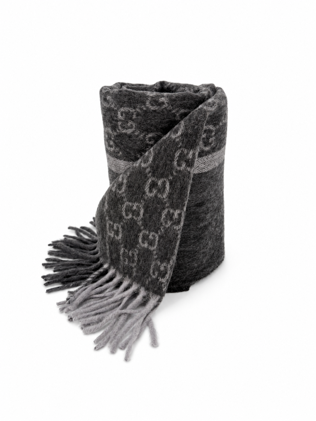 Gucci Monogram Charcoal Grey Cashmere & Wool Scarf with Fringe