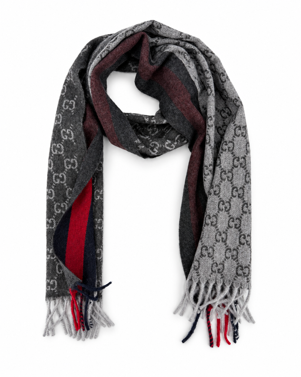 Gucci Monogram Charcoal Grey Cashmere & Wool Scarf with Red & Navy Stripe