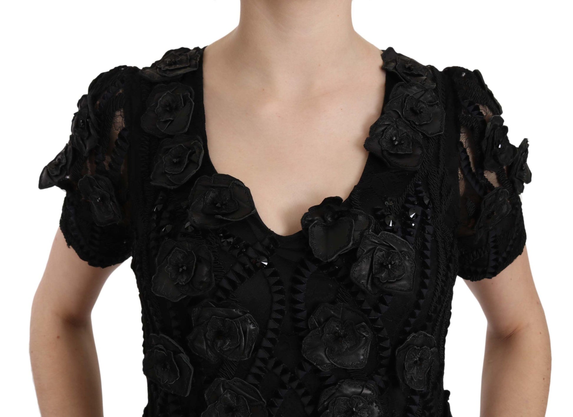 Robe Fourreau John Richmond en Soie Noire et Fleurs en Cuir