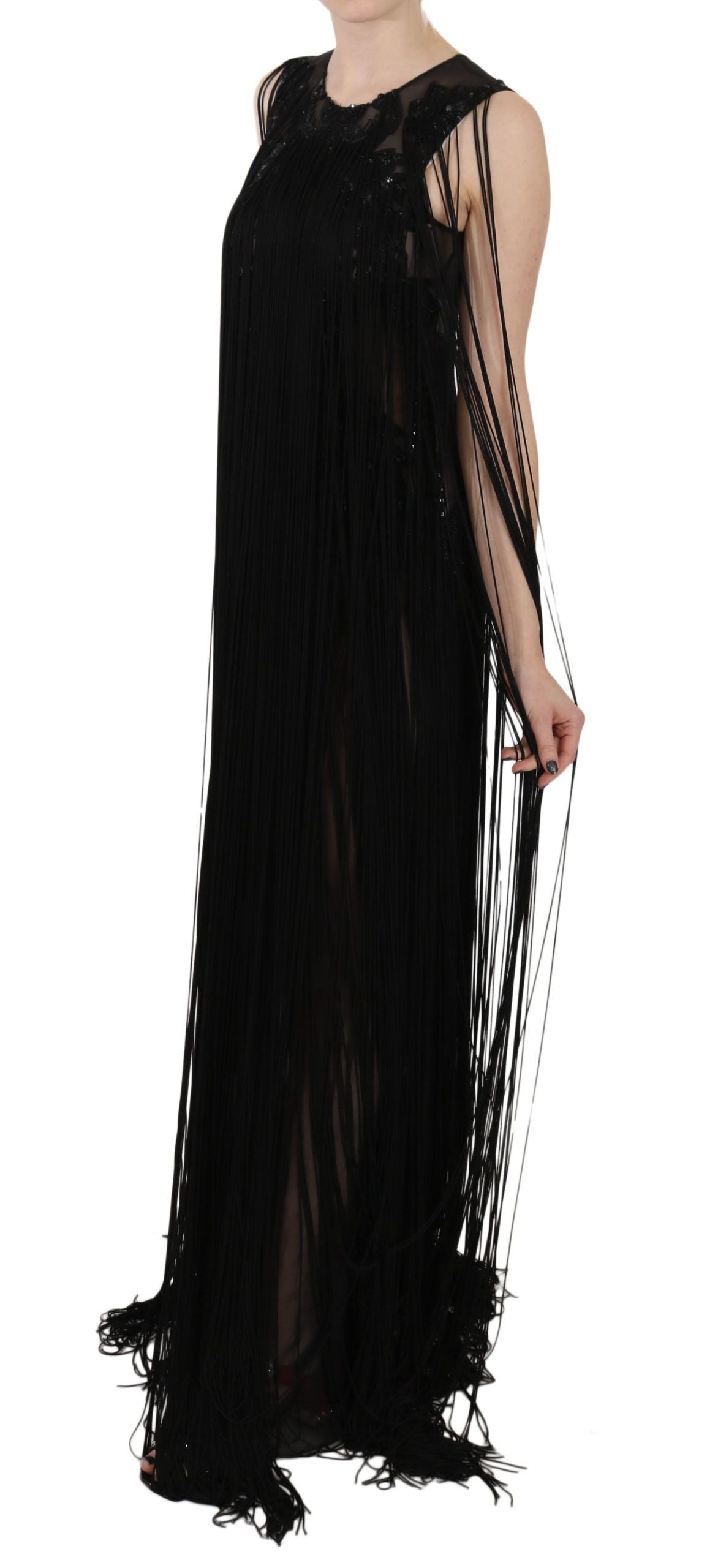 Robe transparente en soie noire perlée et pailletée John Richmond