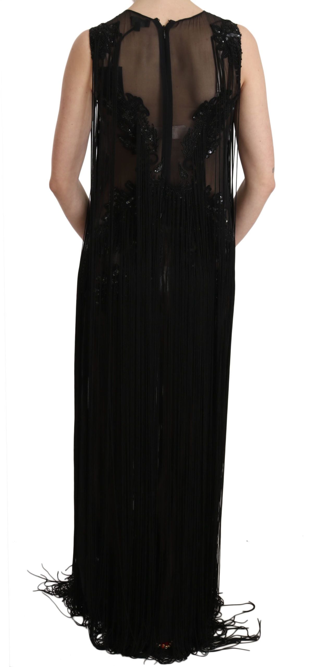 Robe transparente en soie noire perlée et pailletée John Richmond
