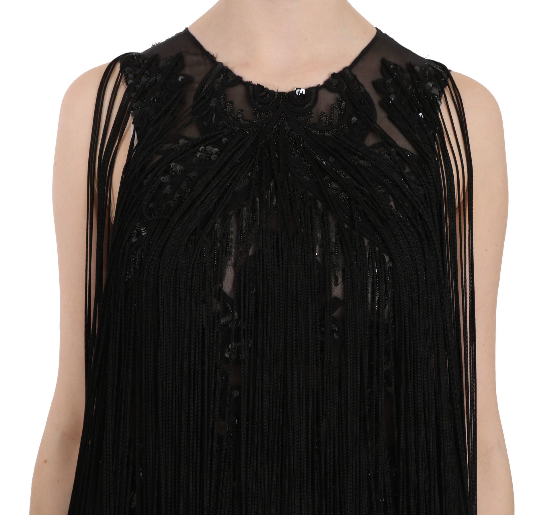 Robe transparente en soie noire perlée et pailletée John Richmond
