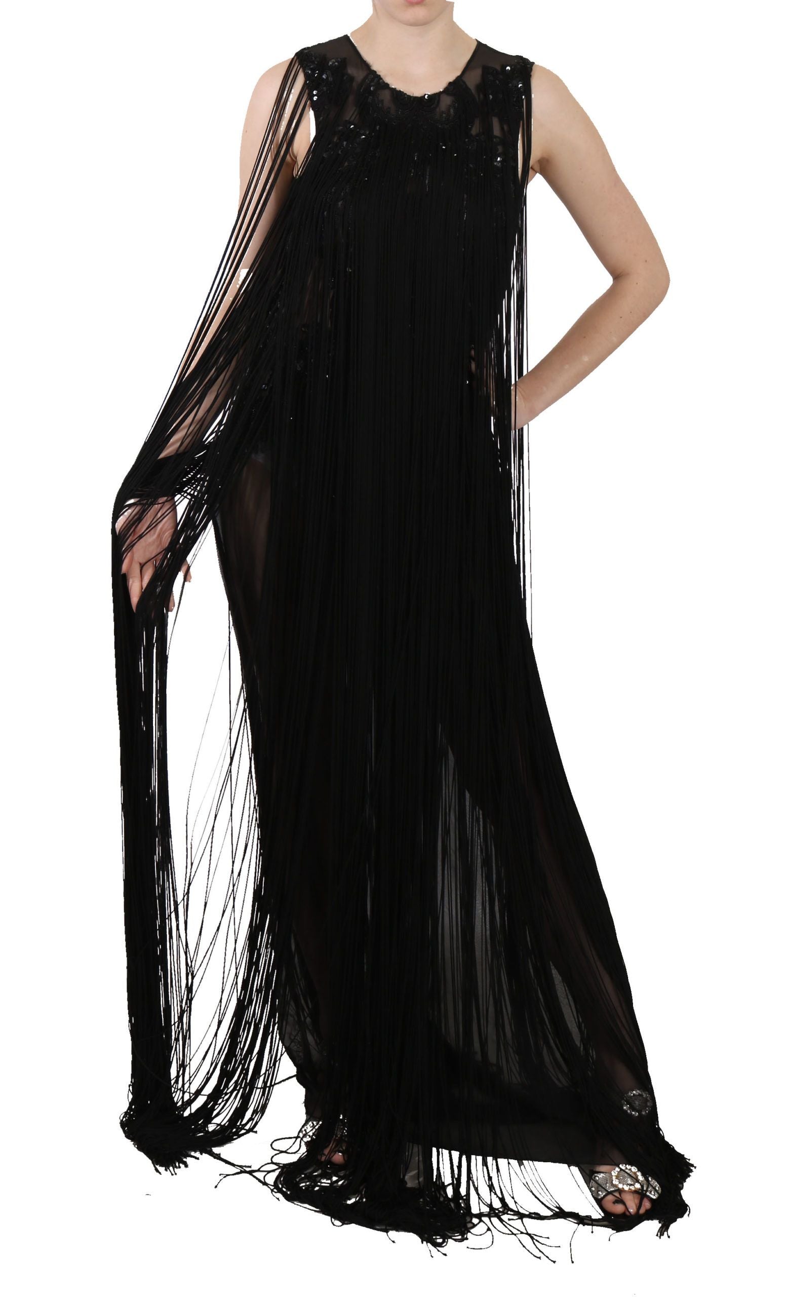 Robe transparente en soie noire perlée et pailletée John Richmond