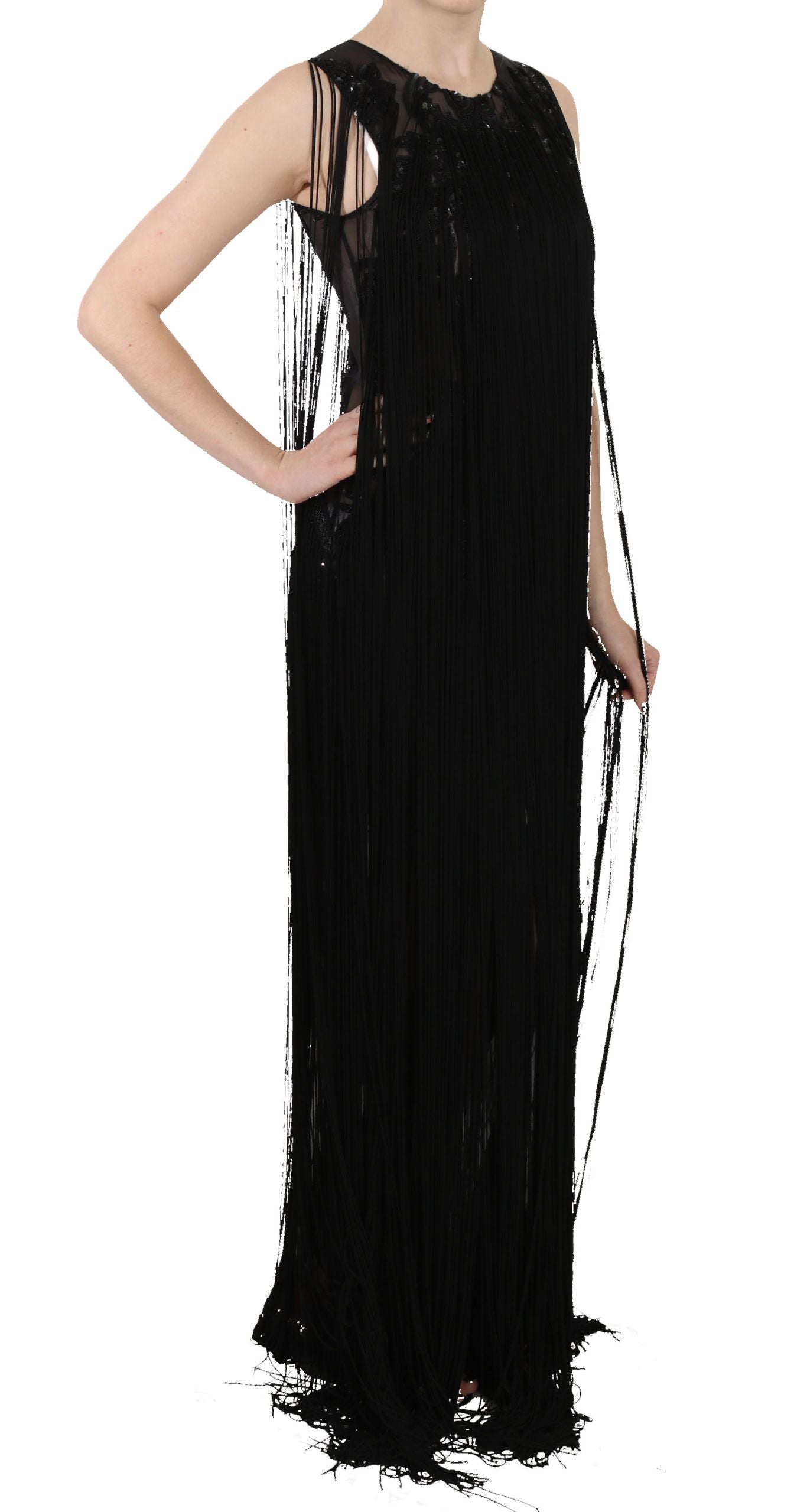 Robe transparente en soie noire perlée et pailletée John Richmond