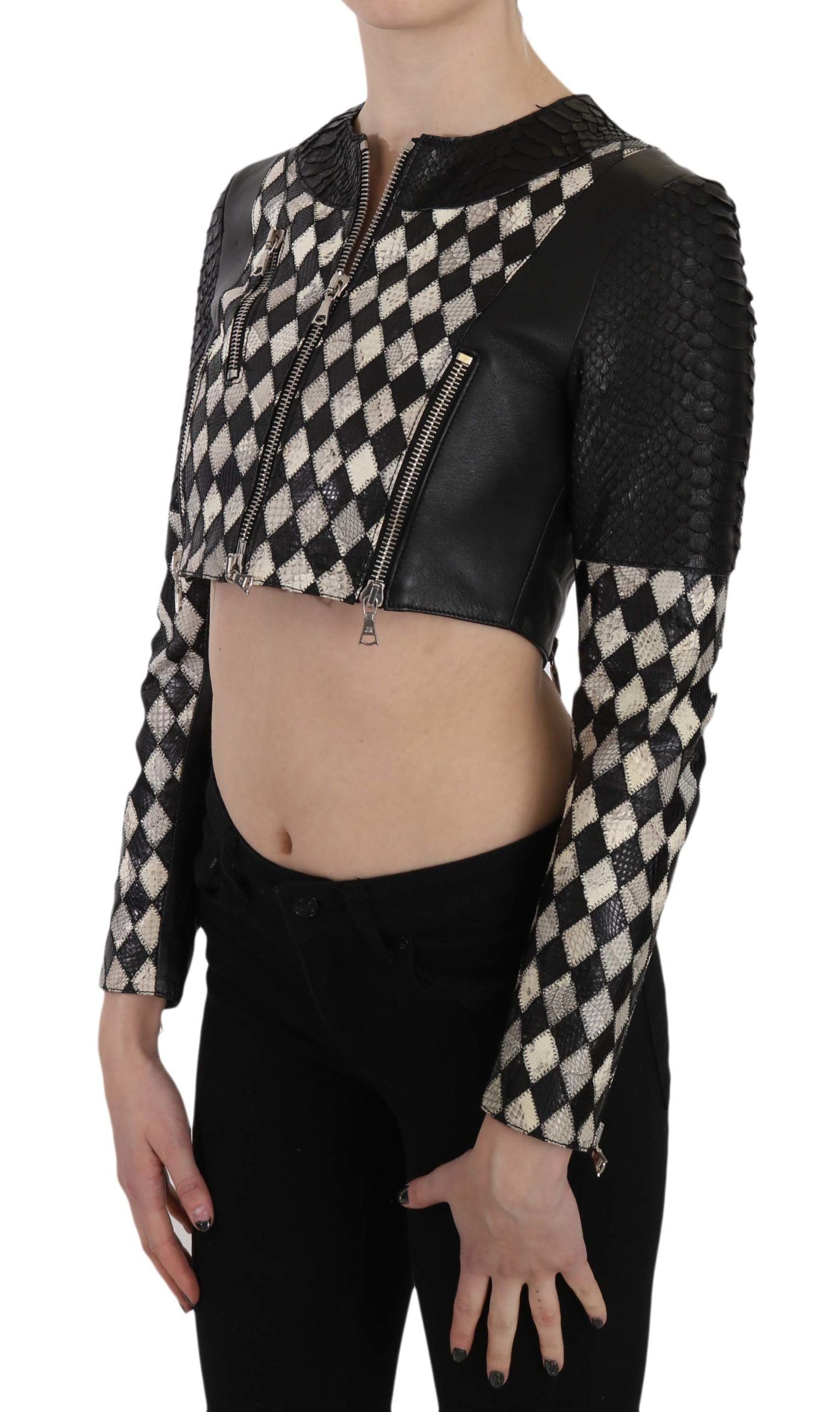 Blouson motard court en cuir noir et blanc John Richmond