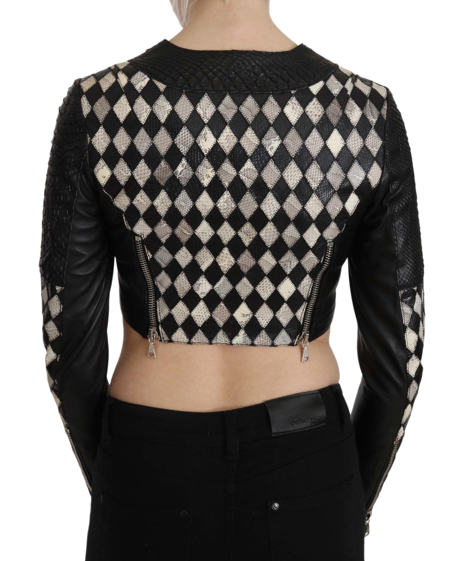 Blouson motard court en cuir noir et blanc John Richmond