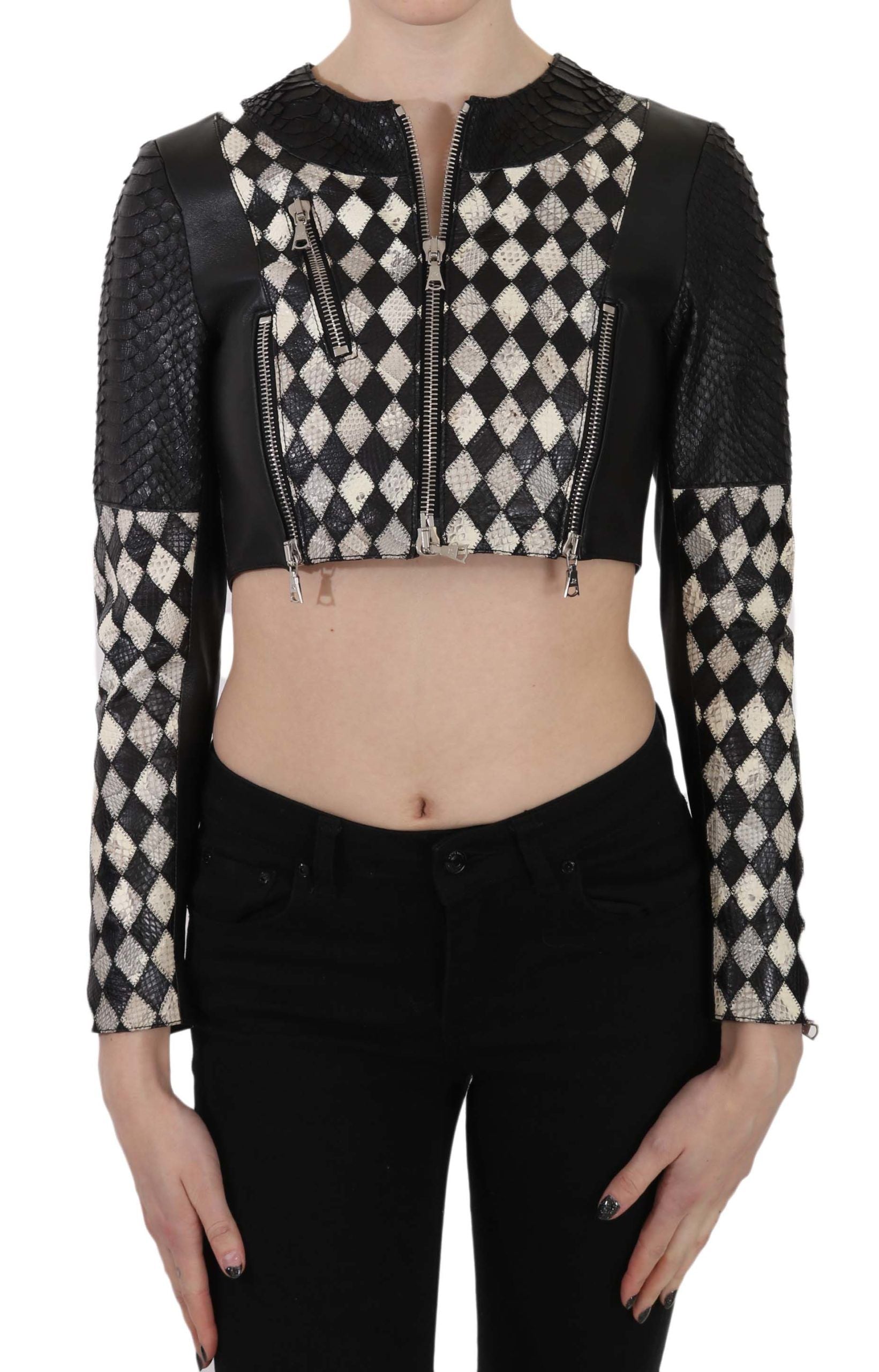 Blouson motard court en cuir noir et blanc John Richmond