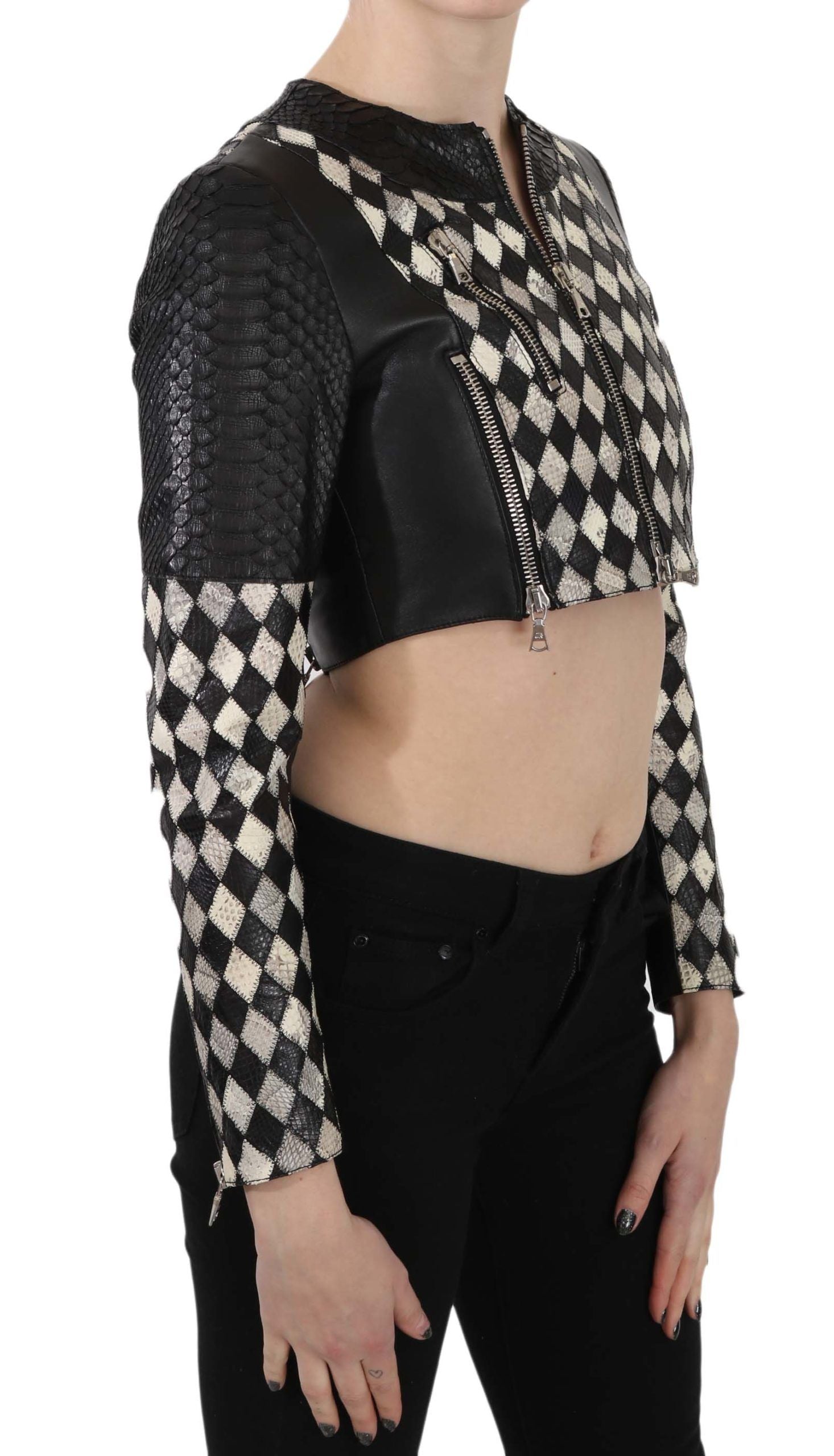 Blouson motard court en cuir noir et blanc John Richmond