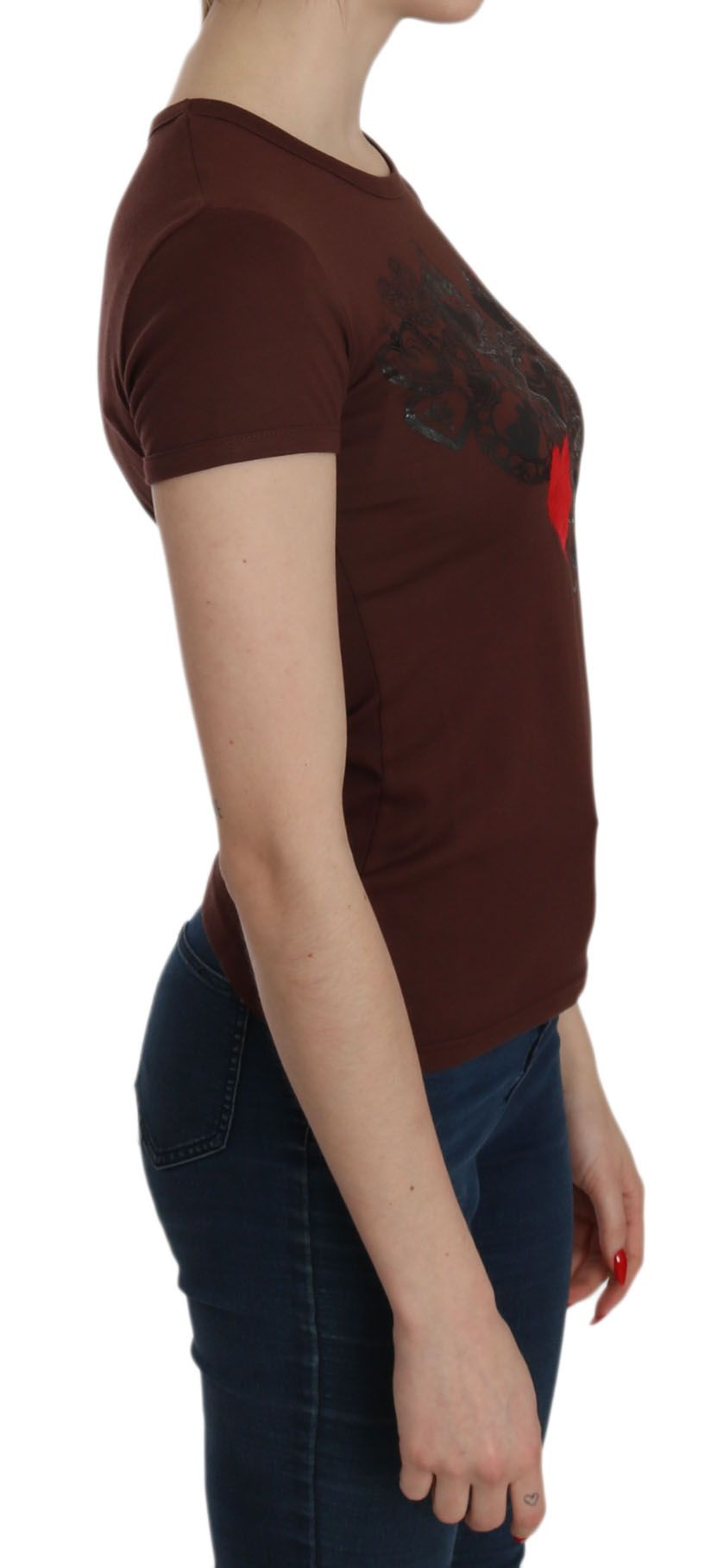 T-shirt ras du cou à imprimé cœurs marron Exte, manches courtes