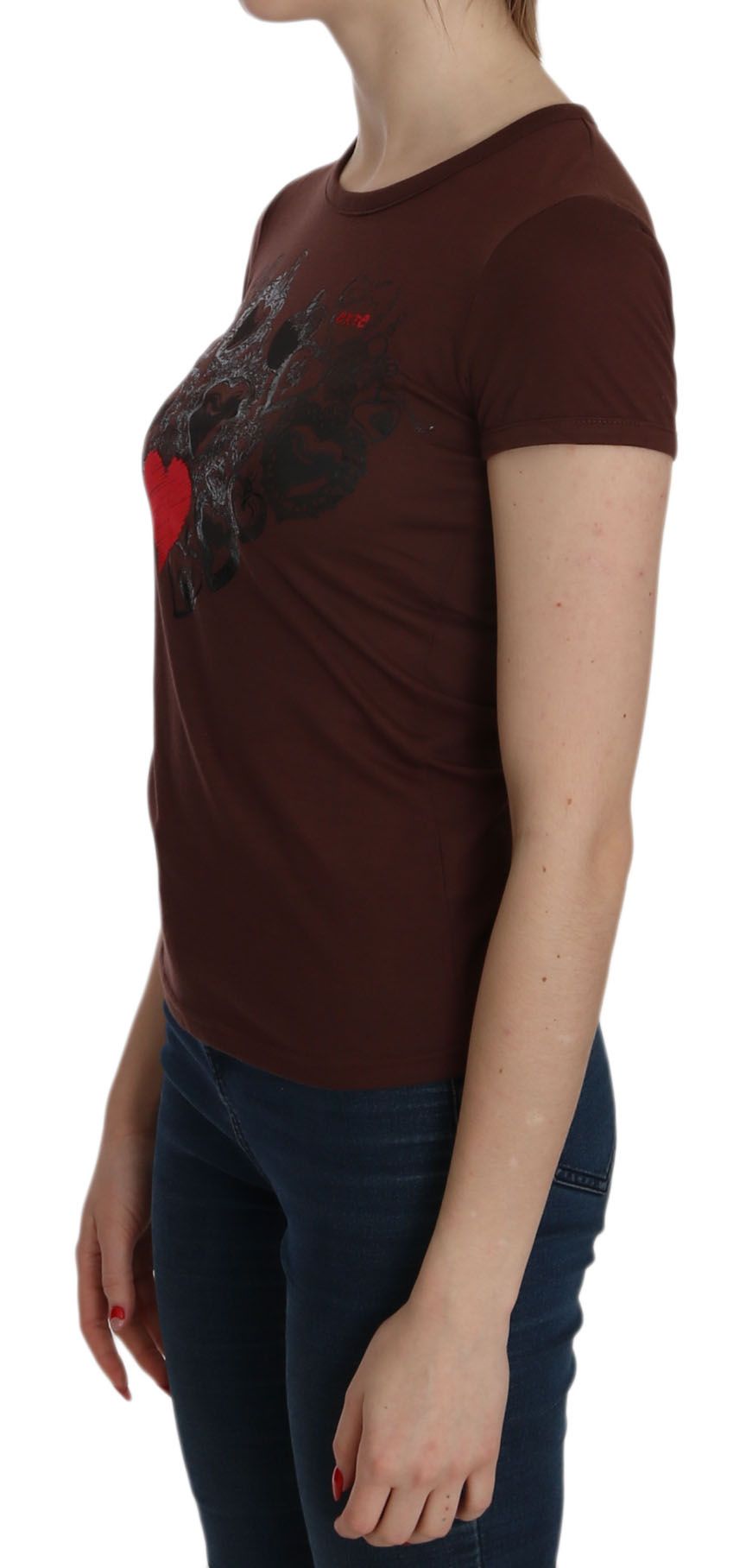 T-shirt ras du cou à imprimé cœurs marron Exte, manches courtes